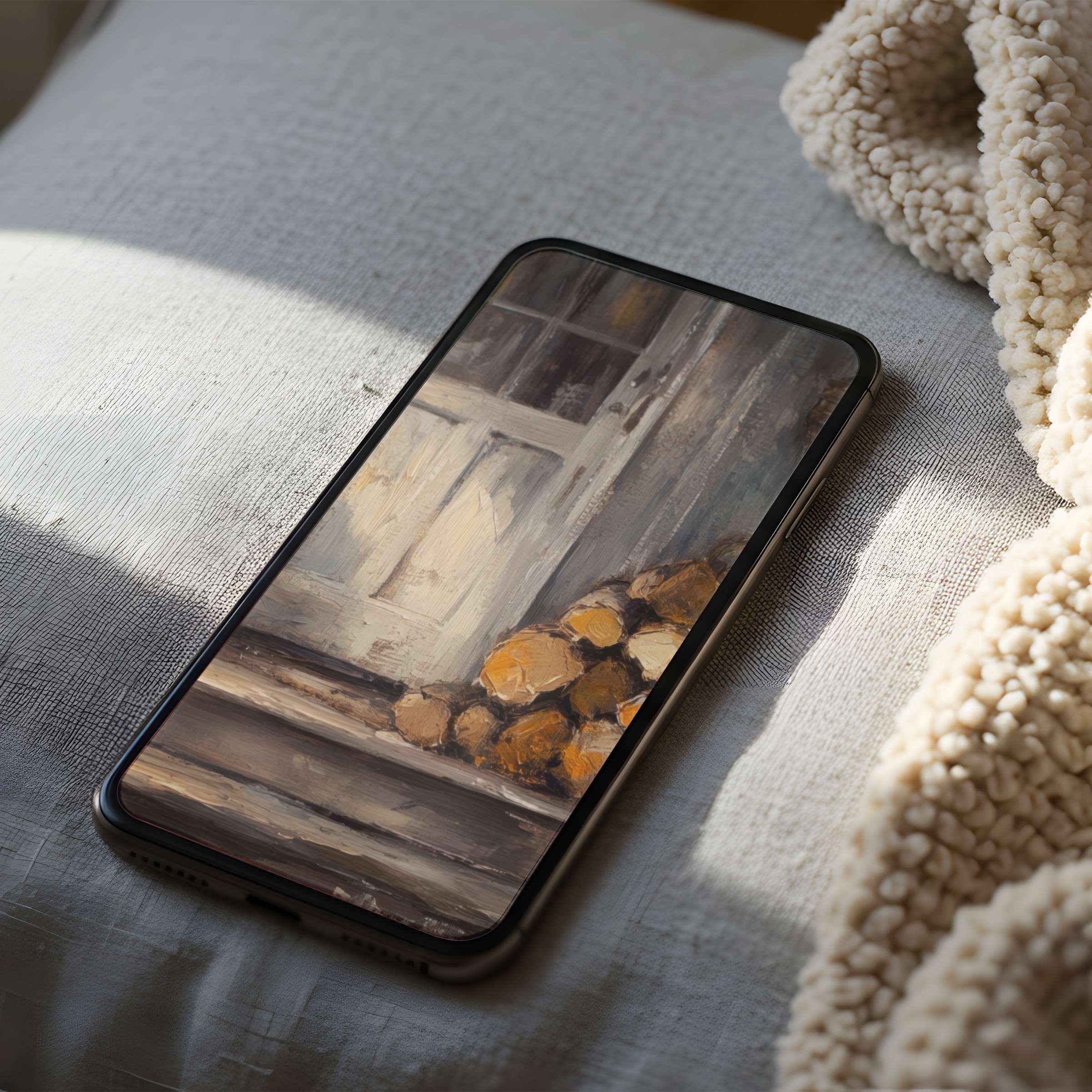 Elegant phone wallpaper featuring cozy rustic window and wood stacks in soft beige tones ideal for iPhone downloads transforming spaces