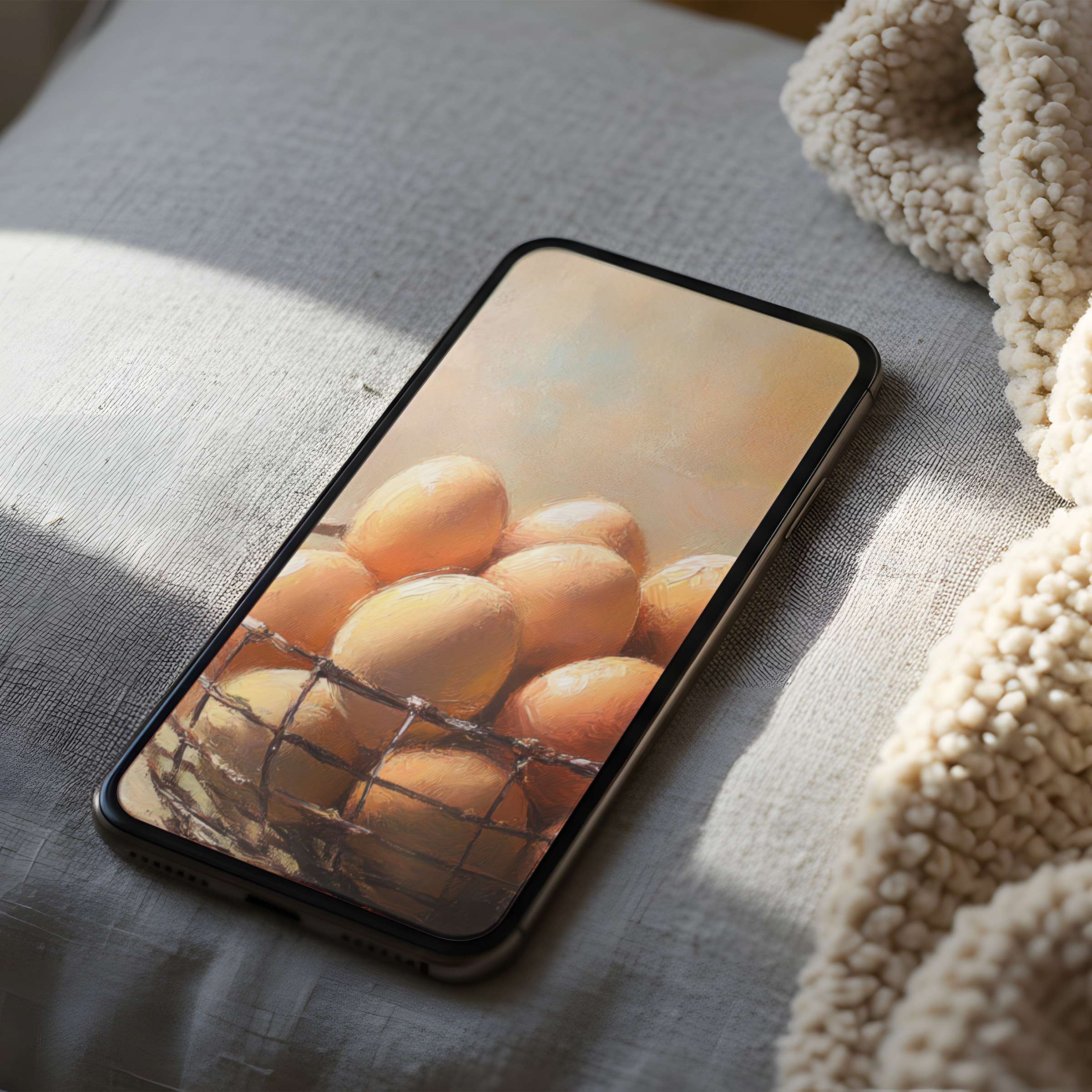 Warm, serene phone wallpaper with painted eggs in a wire basket evokes tranquility, perfect for iPhone and Android digital downloads