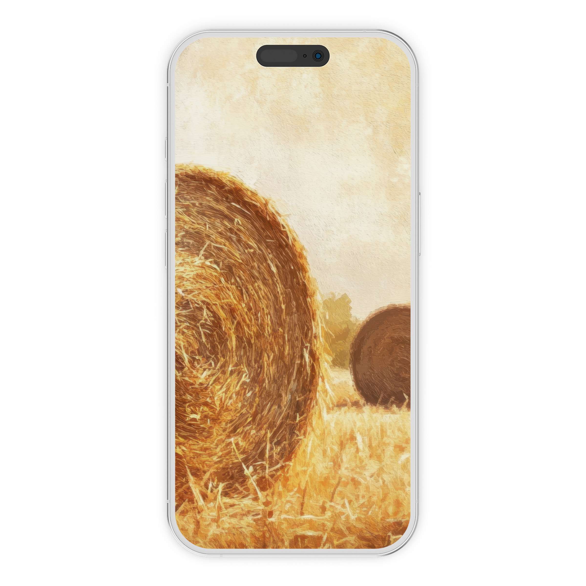 Warm, serene farmhouse iPhone wallpaper features golden hay bales in a rustic field, perfect phone background digital download