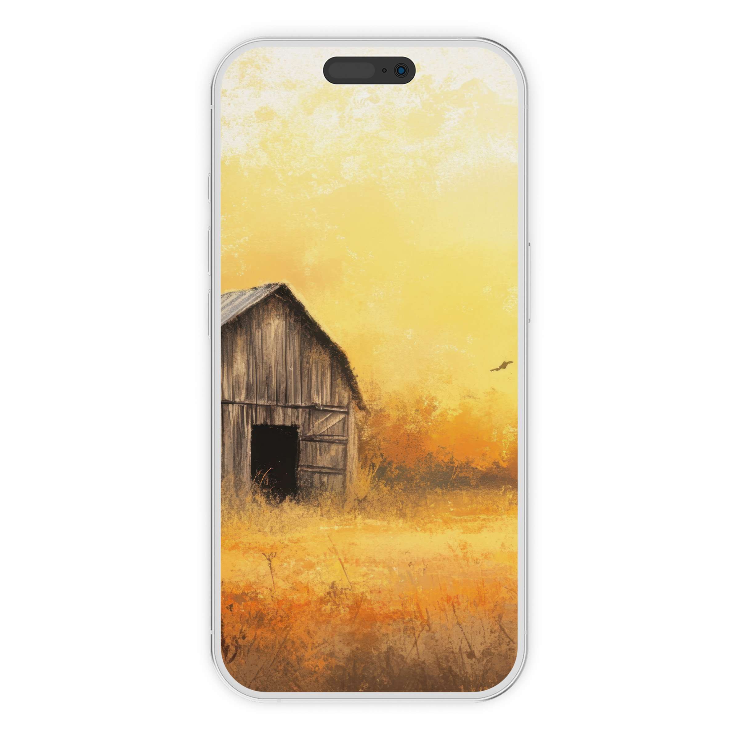Farmhouse iPhone wallpaper with serene barn at sunset in rustic palette digital download for calming phone background ambiance