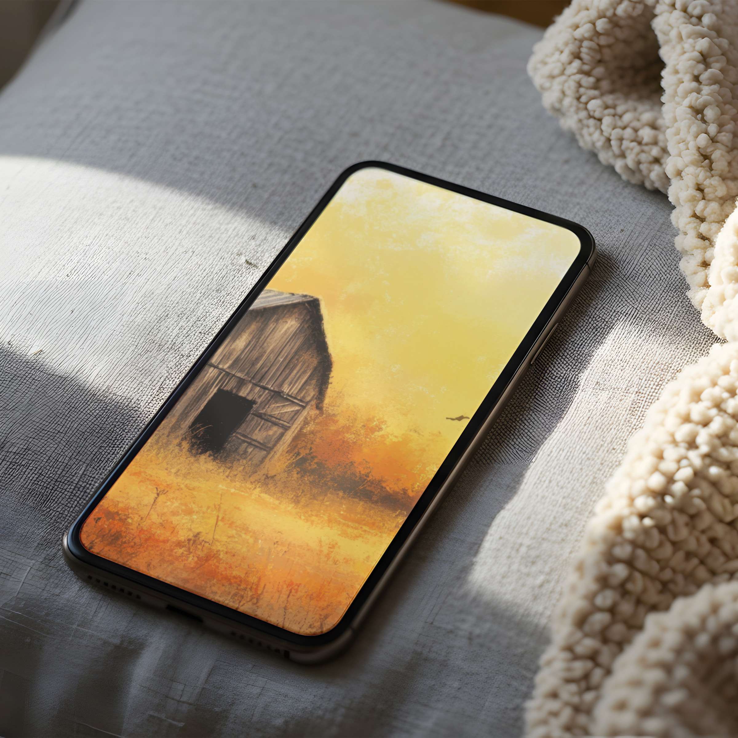 Elegant phone wallpaper featuring a rustic barn with warm autumn colors, ideal for iPhone high resolution, promoting tranquility and eco-conscious design