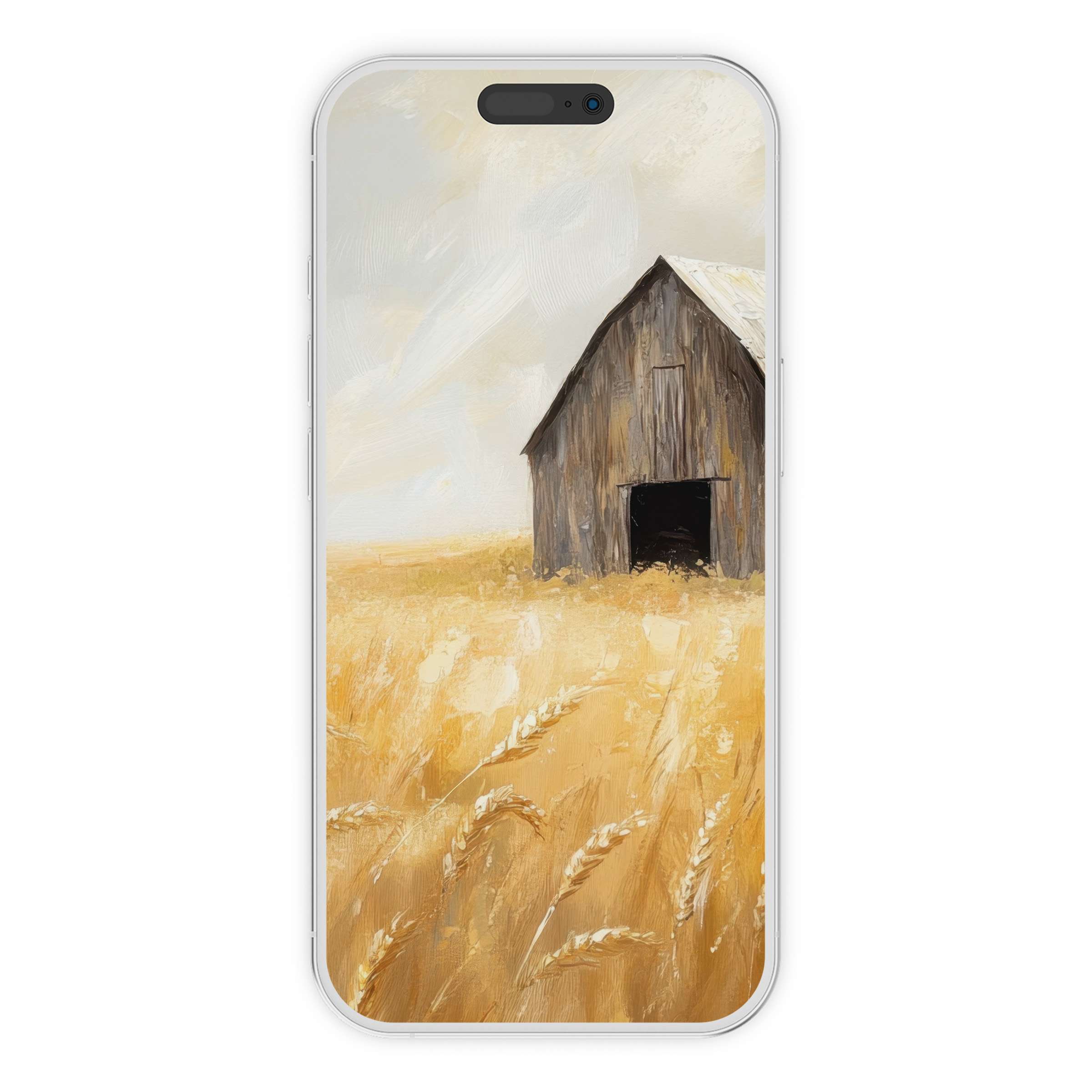 Elegant farmhouse iPhone wallpaper featuring a rustic barn in golden fields ideal for phone backgrounds and digital download use