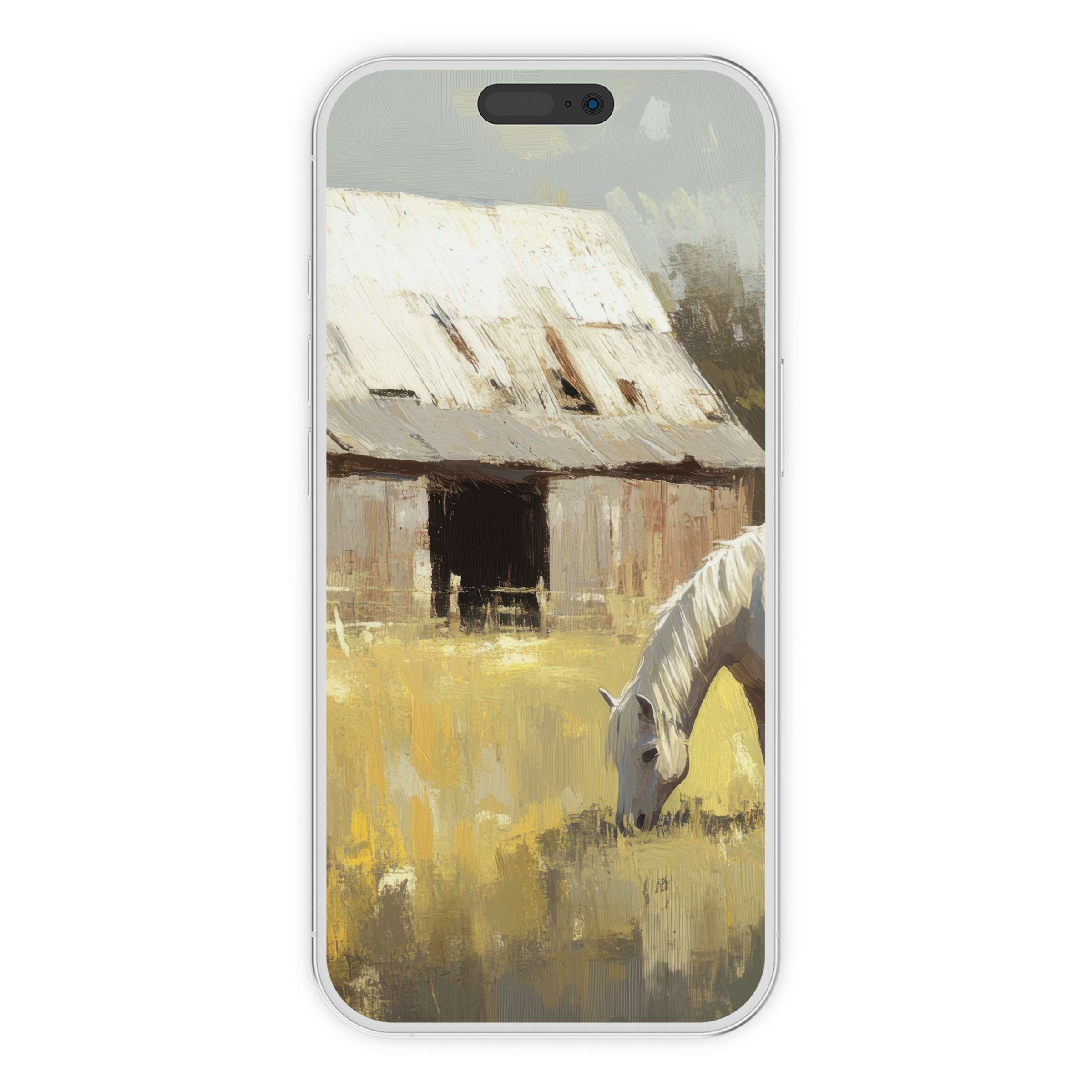 Farmhouse iPhone wallpaper featuring serene digital art of a white horse grazing by a rustic barn, perfect phone background download