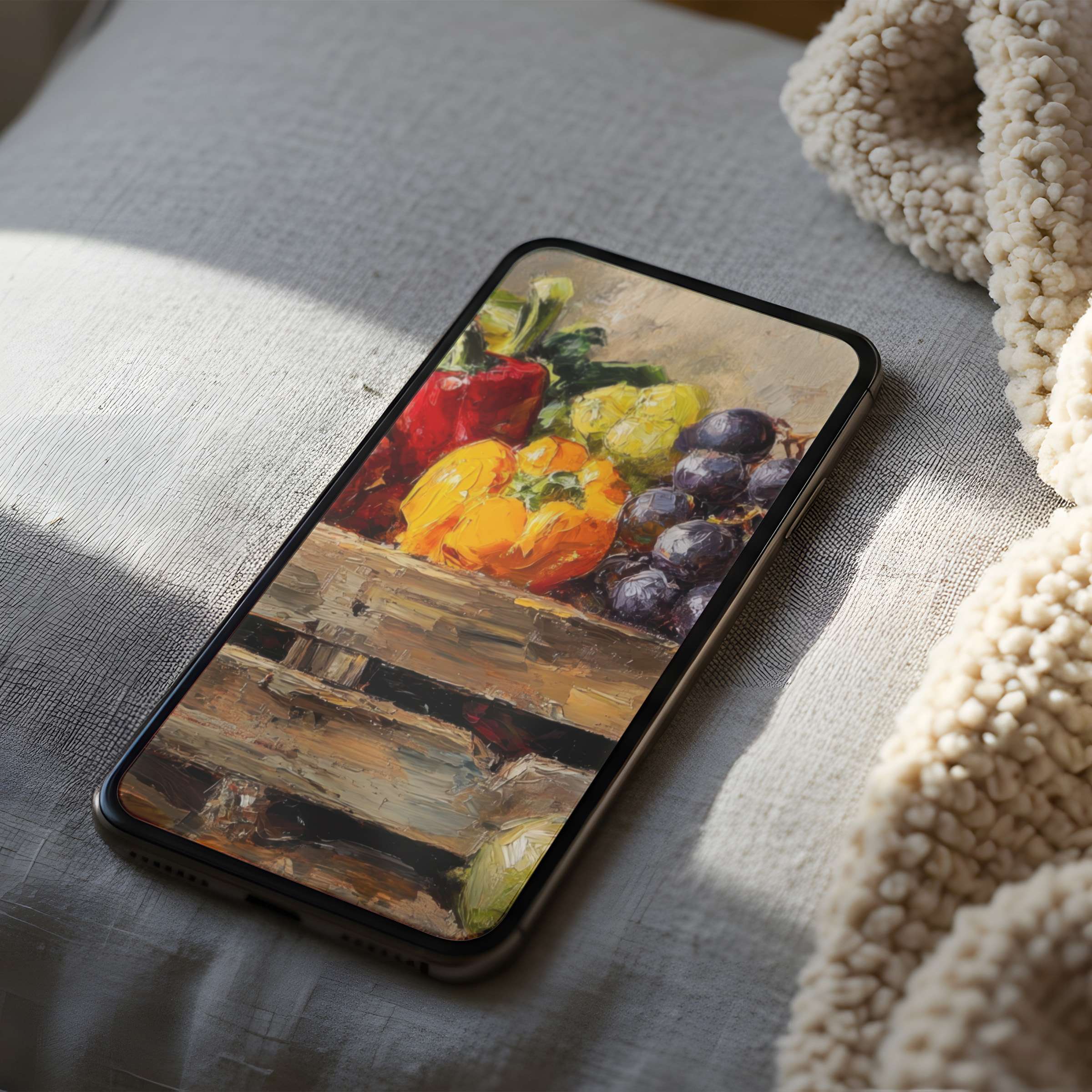 Elegant phone wallpaper features vibrant still life of colorful fruits and vegetables in a high-resolution digital download suitable for all phones