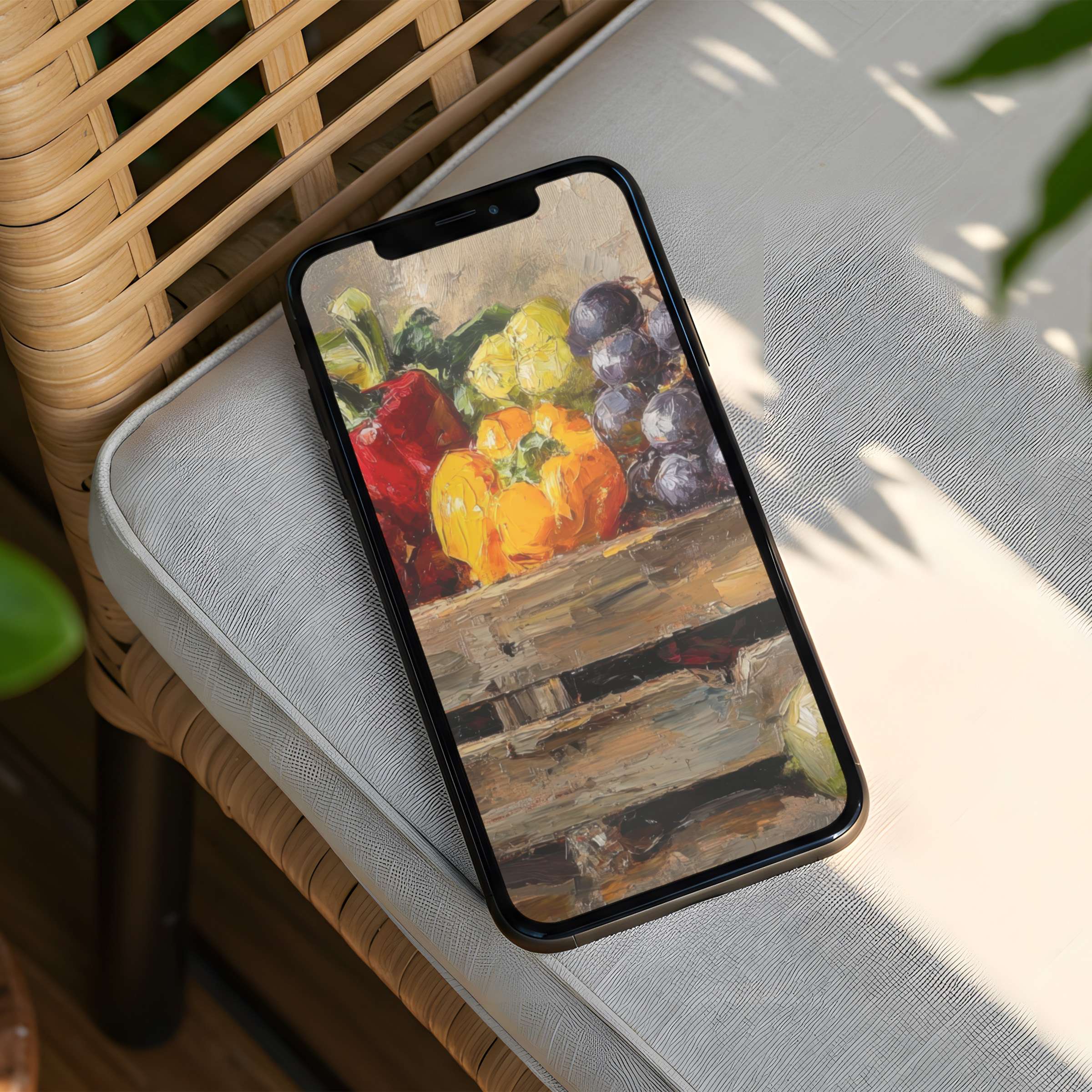 Vibrant still-life painting iPhone background with fruits, perfect for phone aesthetics, offering calm and inspiration as an instant download