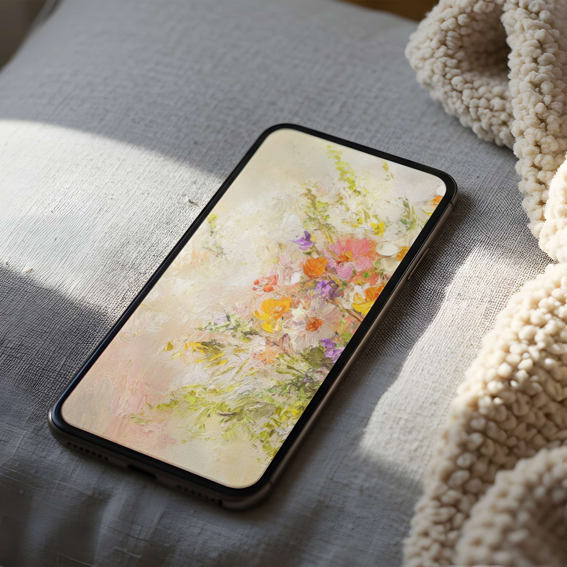 Elegant floral phone wallpaper blends soft pastels in an impressionist style perfect for high resolution iPhone and Android screens