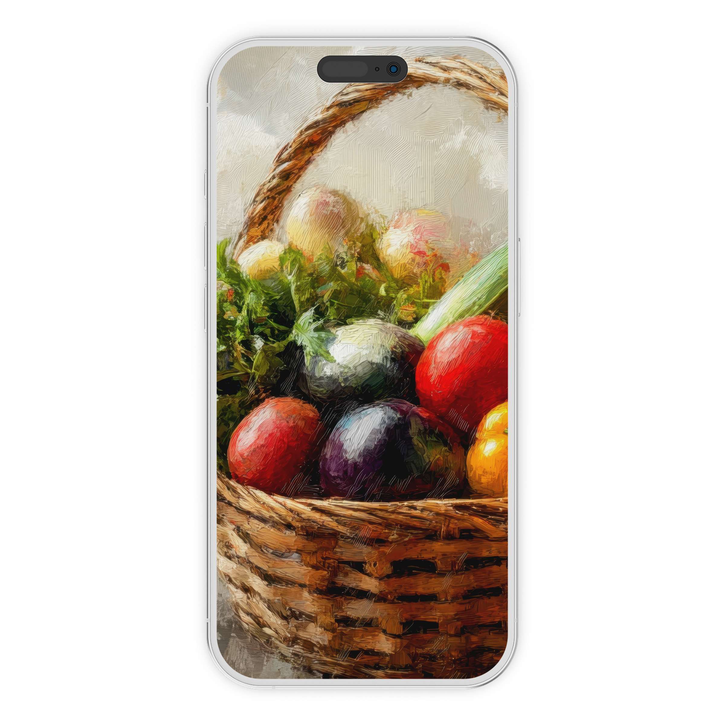 Farmhouse iPhone wallpaper featuring a vibrant wicker basket of fresh vegetables in a digital download for serene phone background