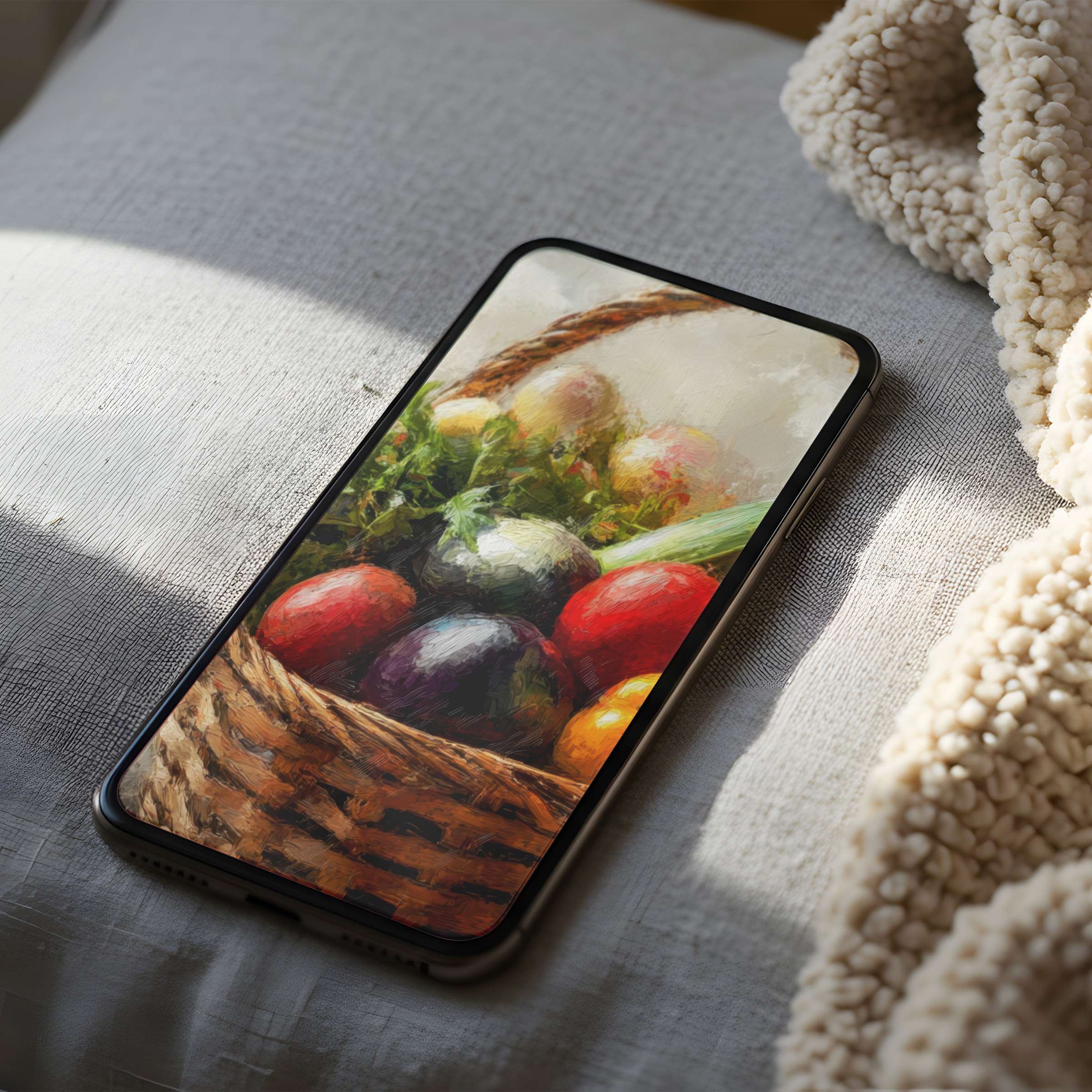 Elegant phone wallpaper featuring a vibrant basket of produce in a soft, high resolution style for iPhone and Android users