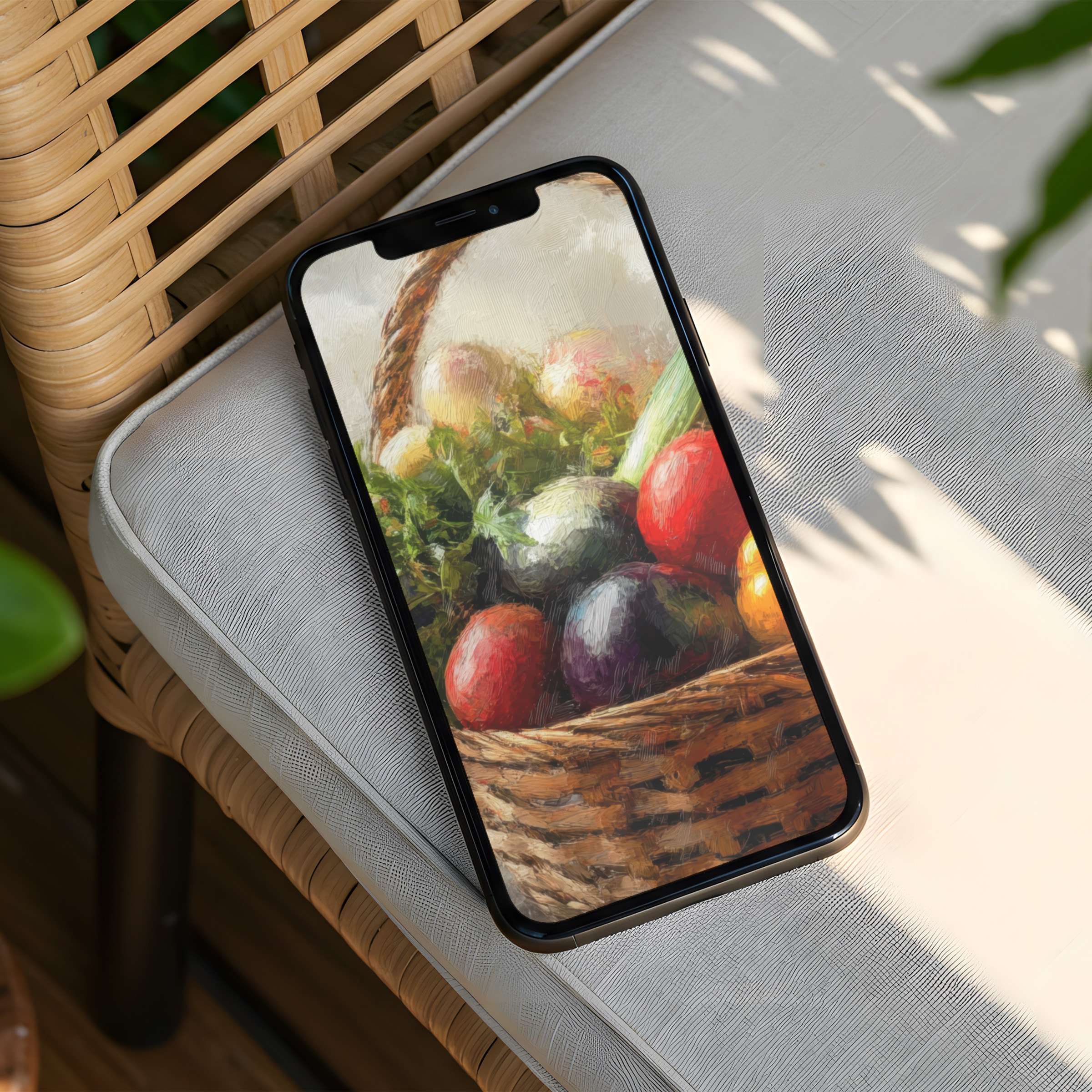 Elegant iPhone background featuring a basket of vibrant fruits and vegetables on a phone screen for instant download calming inspiration