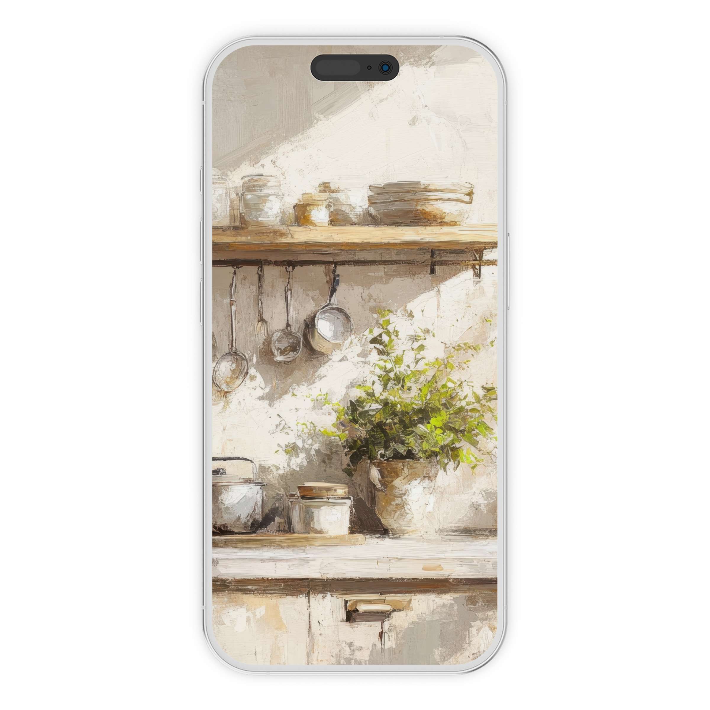 Farmhouse iPhone wallpaper features a serene kitchen scene with rustic shelves and green plants, perfect digital download for phone background