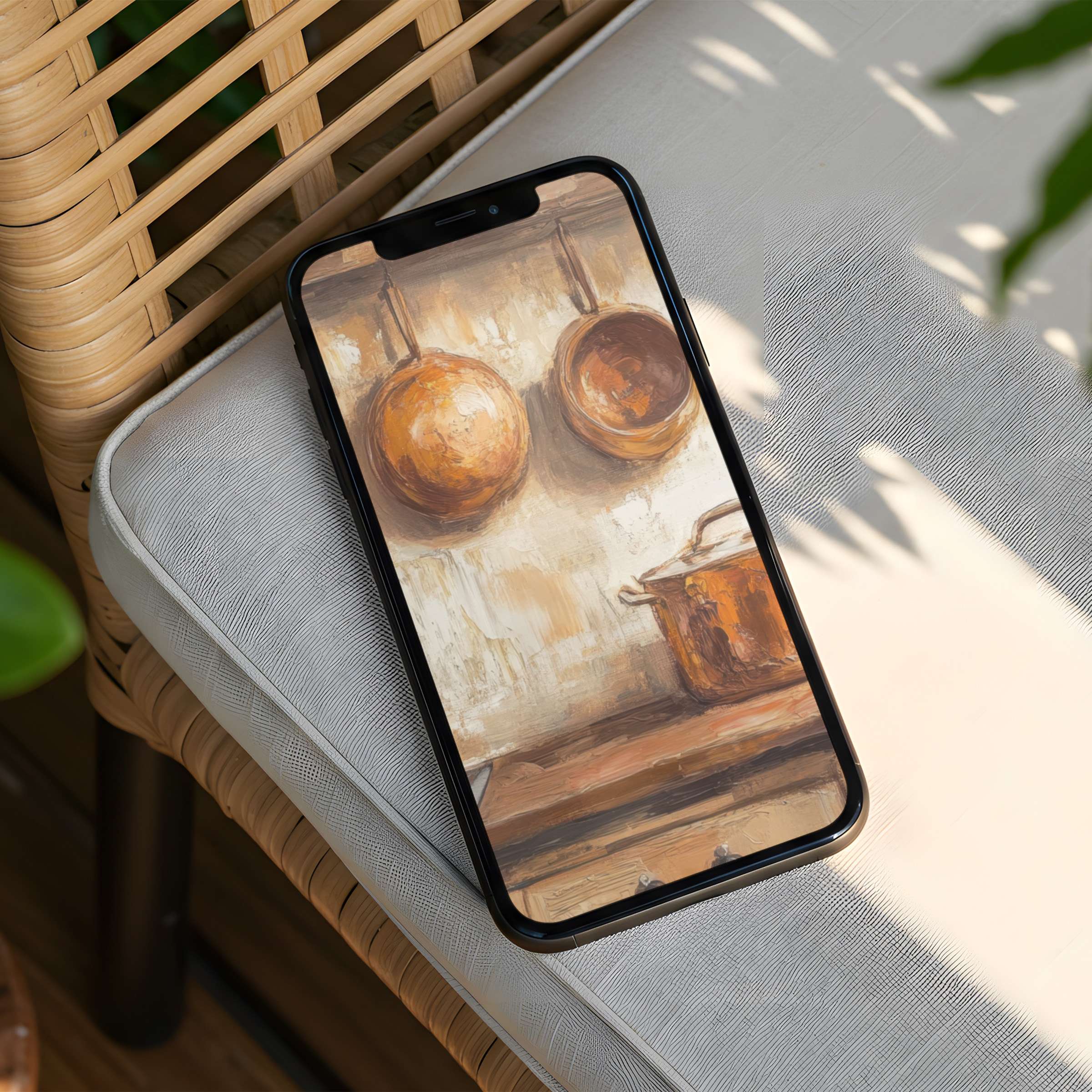 Calming kitchen art iPhone background with rustic warmth on phone screen elegant instant download for mindful inspiration