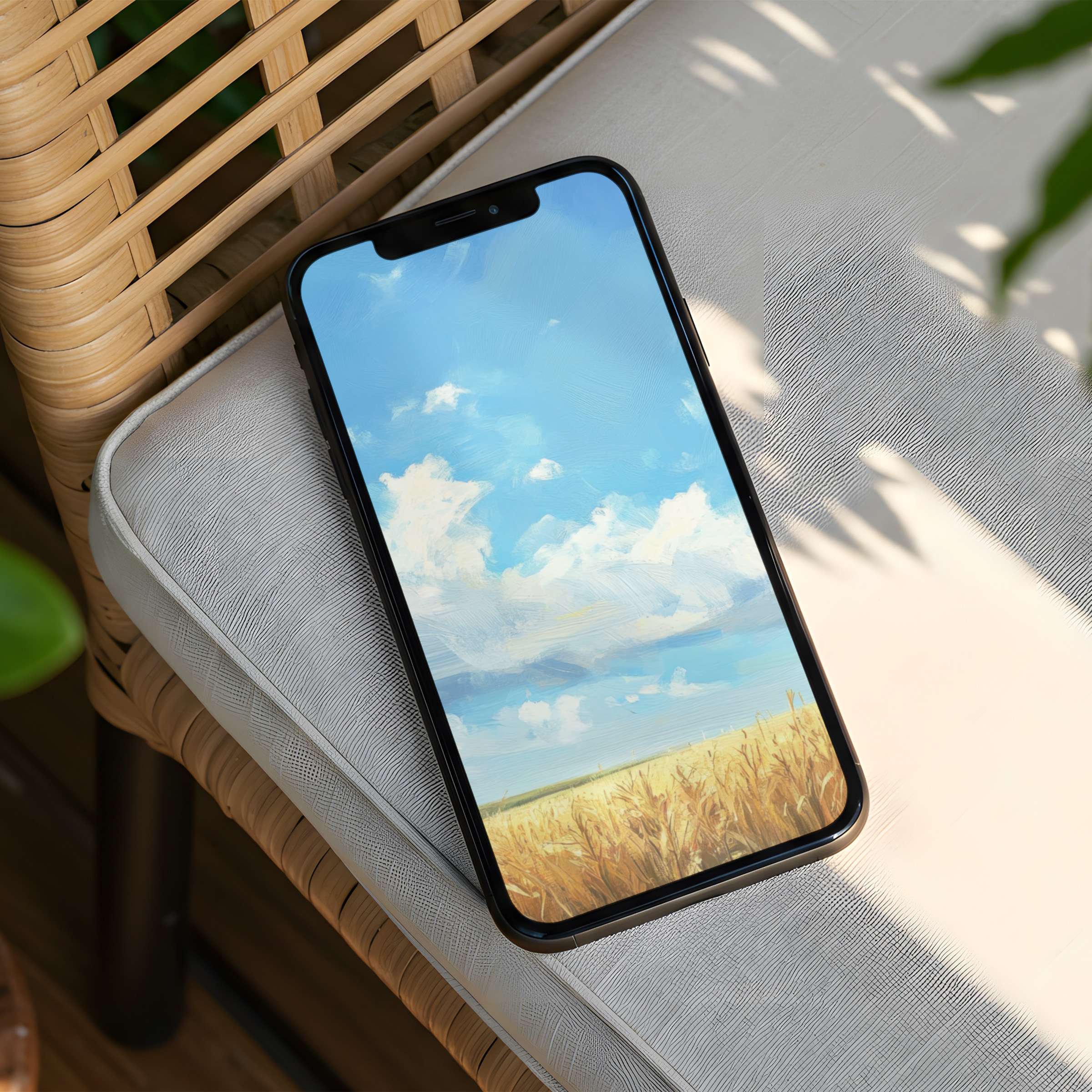 Serene iPhone background with soft clouds over a golden field inspiring calm elegance for phone screens instant download available