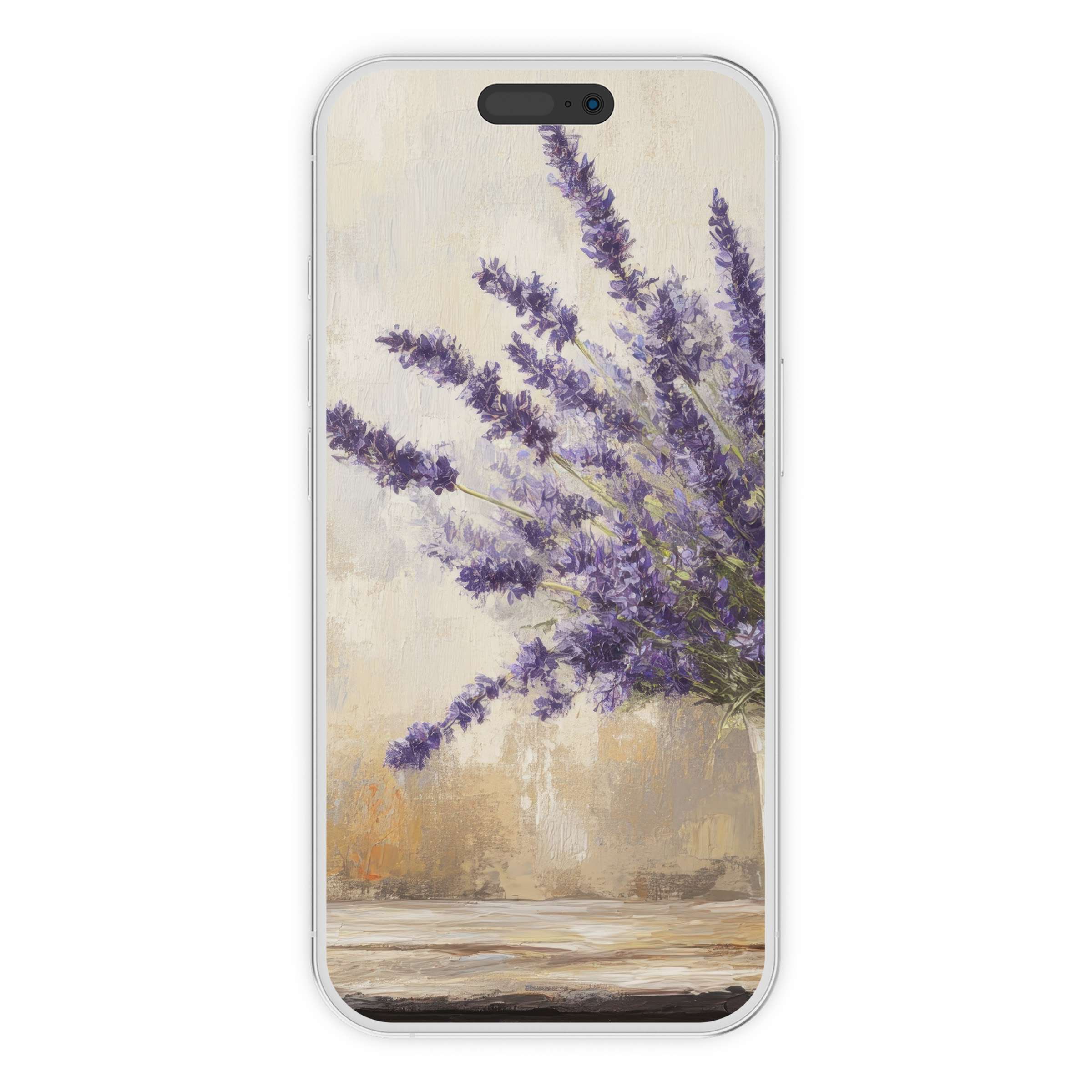 Elegant farmhouse iPhone wallpaper with lavender bouquet, gentle textures, and soft tones for a calming phone background digital download