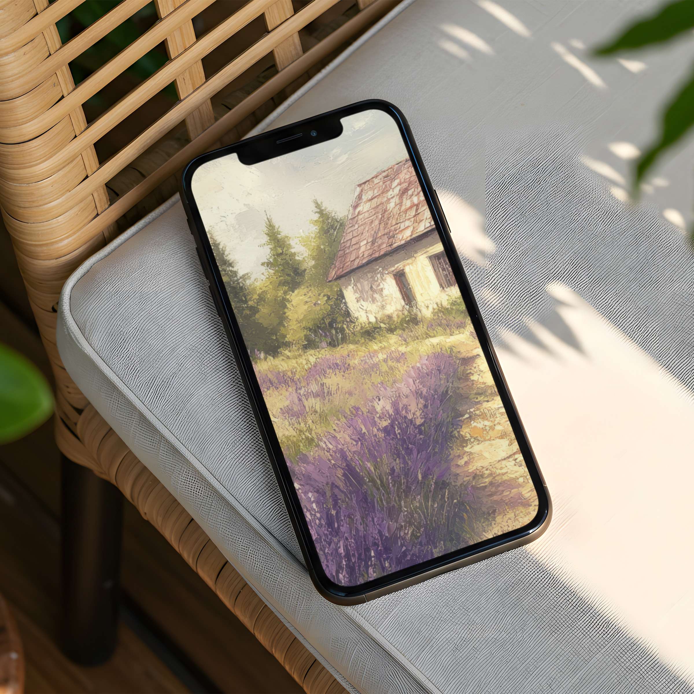 Elegant rustic landscape iPhone background with serene purple lavender fields and cottage for instant download to your phone