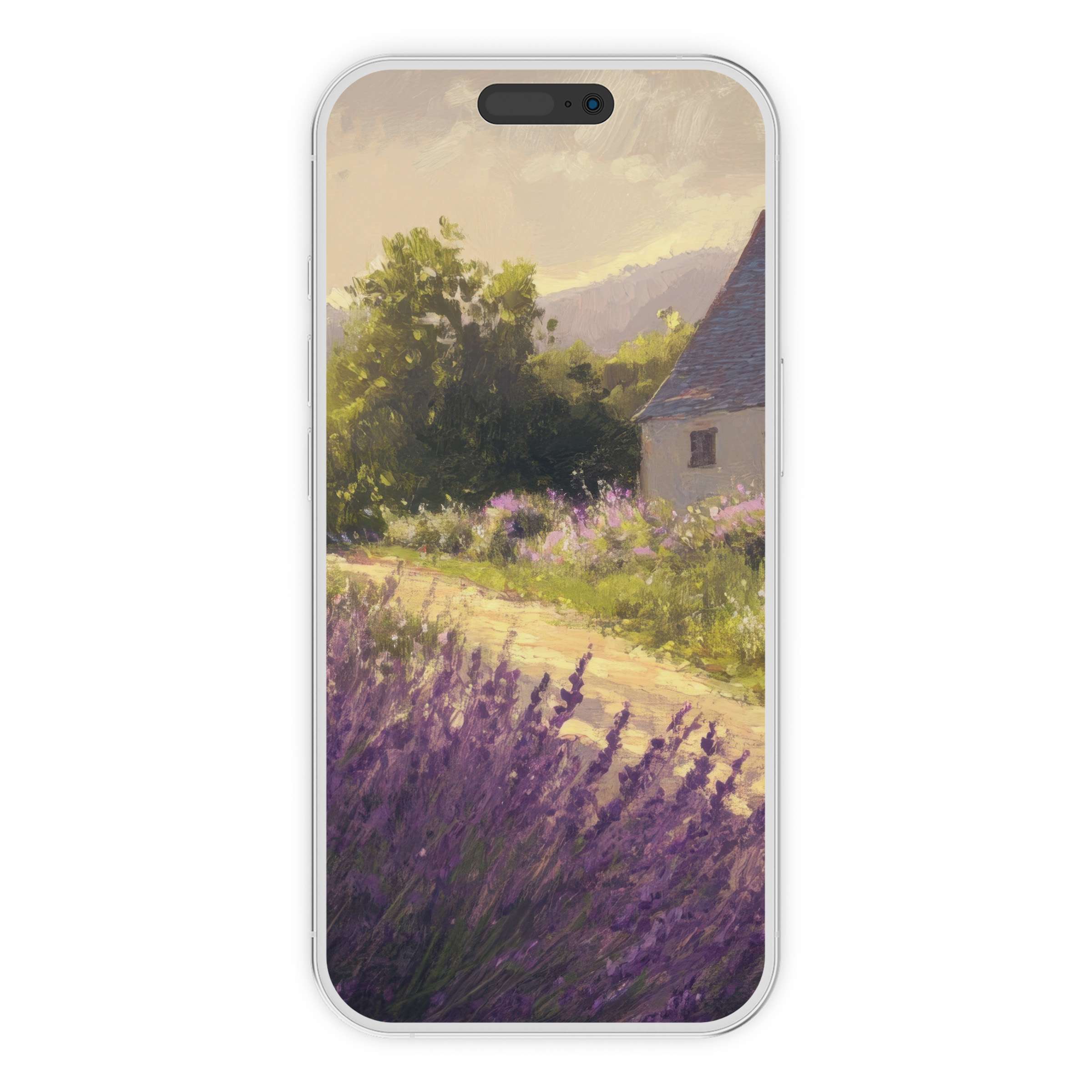 Farmhouse iPhone wallpaper with lavender fields, serene cottage, and warm tones as a digital download phone background for both devices