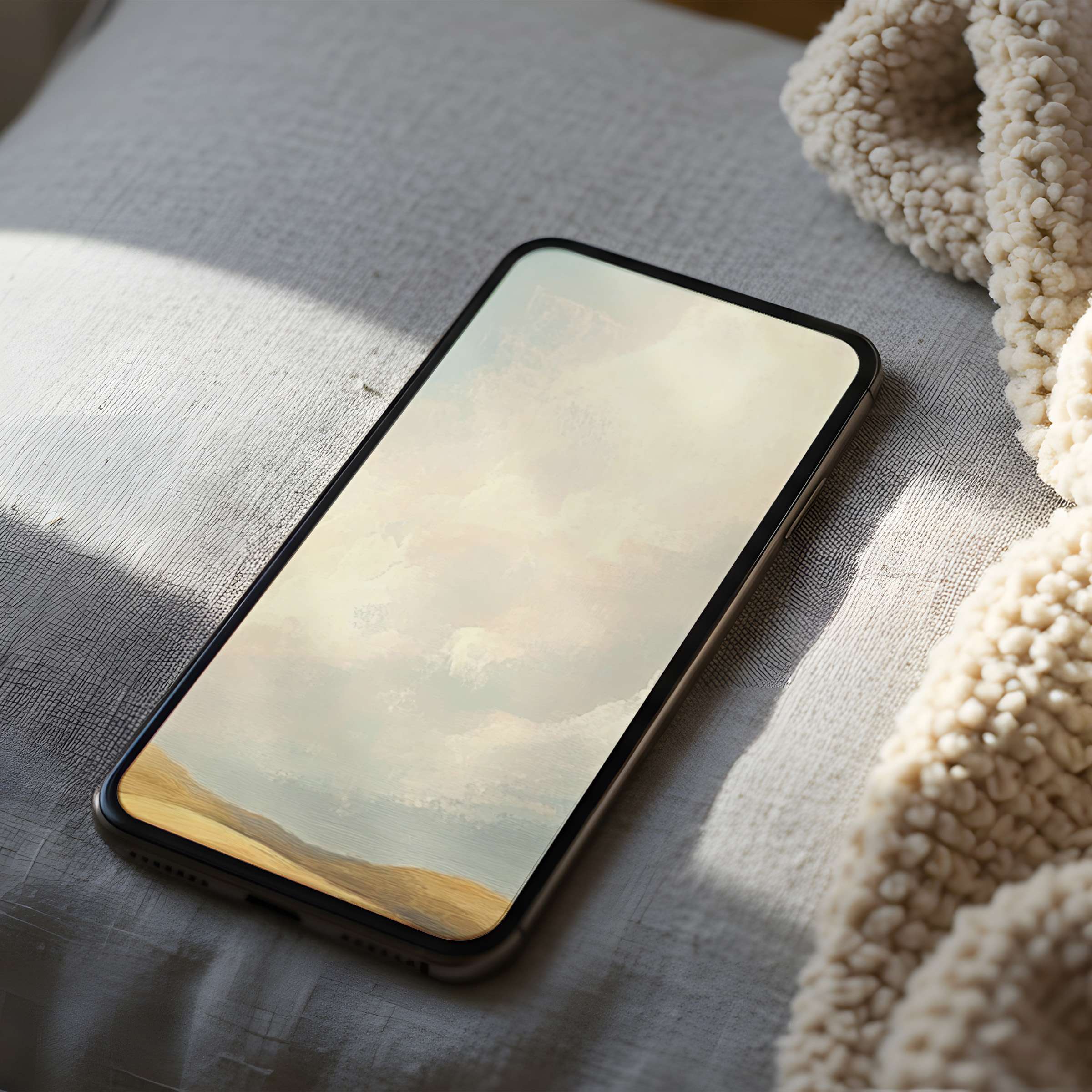 Calming high-resolution phone wallpaper with soft pastel clouds and serene landscape, perfect for iPhone or Android digital download