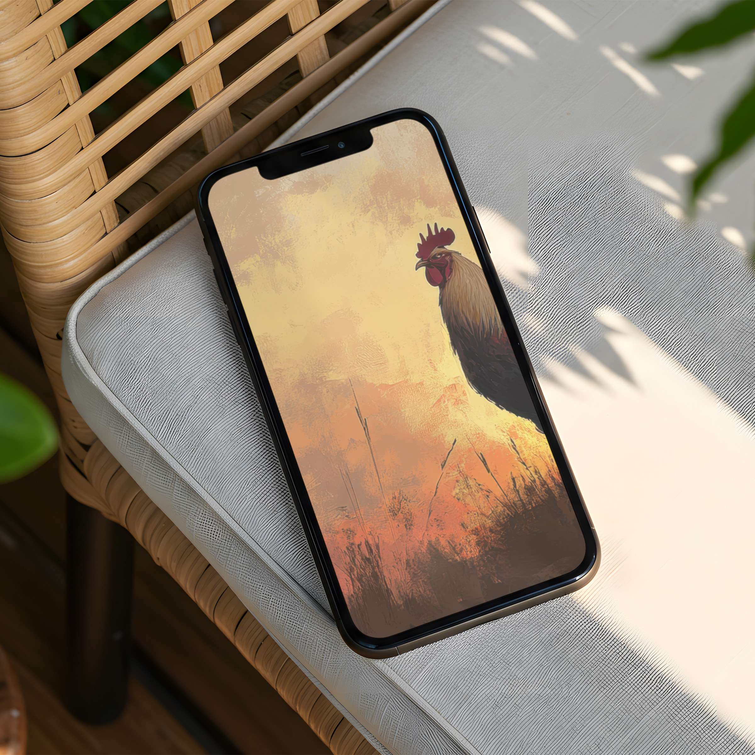 Elegant iPhone background featuring serene sunrise silhouette of a rooster for instant download to your phone inspiring mindfulness
