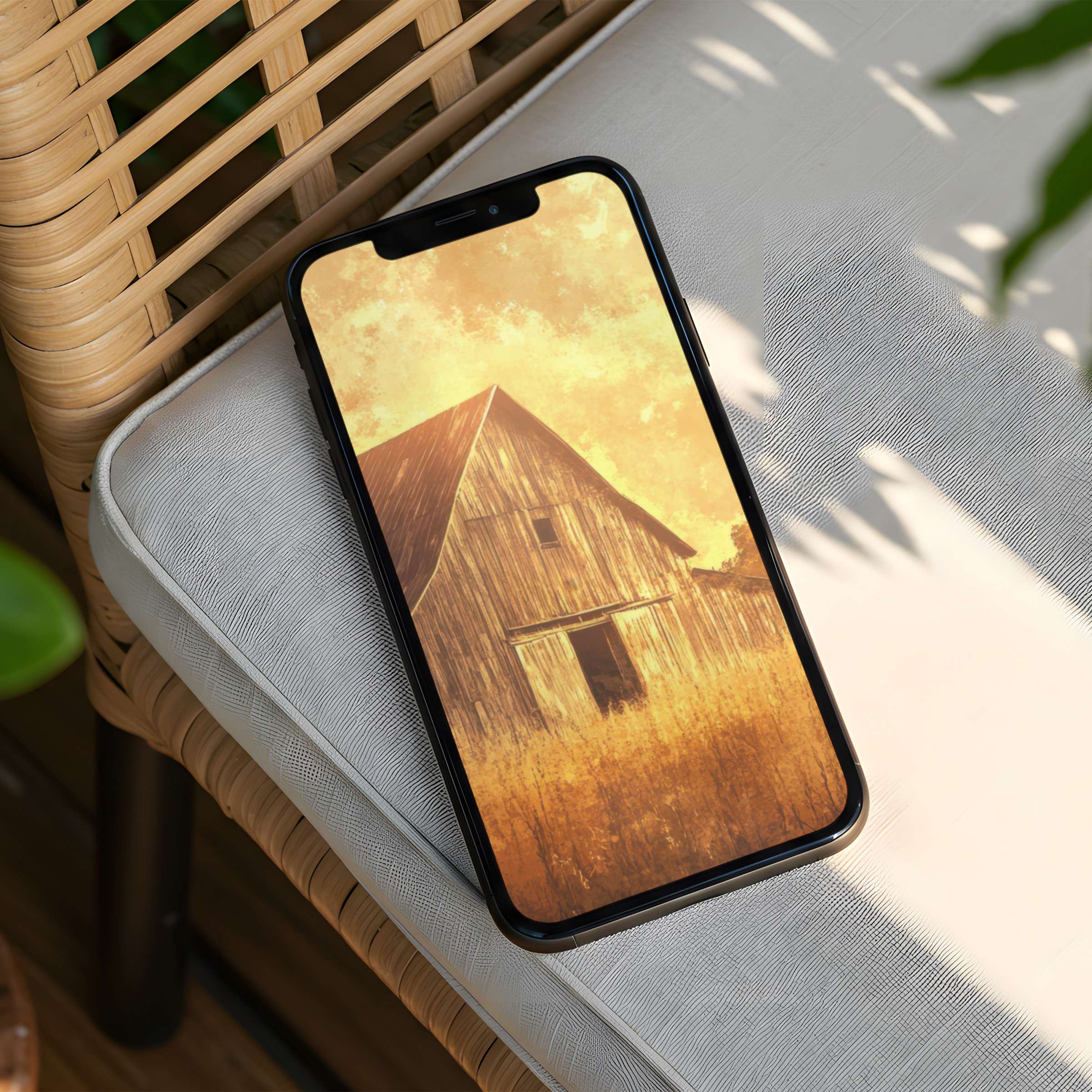 iPhone background featuring a serene rustic barn under a warm golden sky perfect for instant download to your phone for elegance and calm