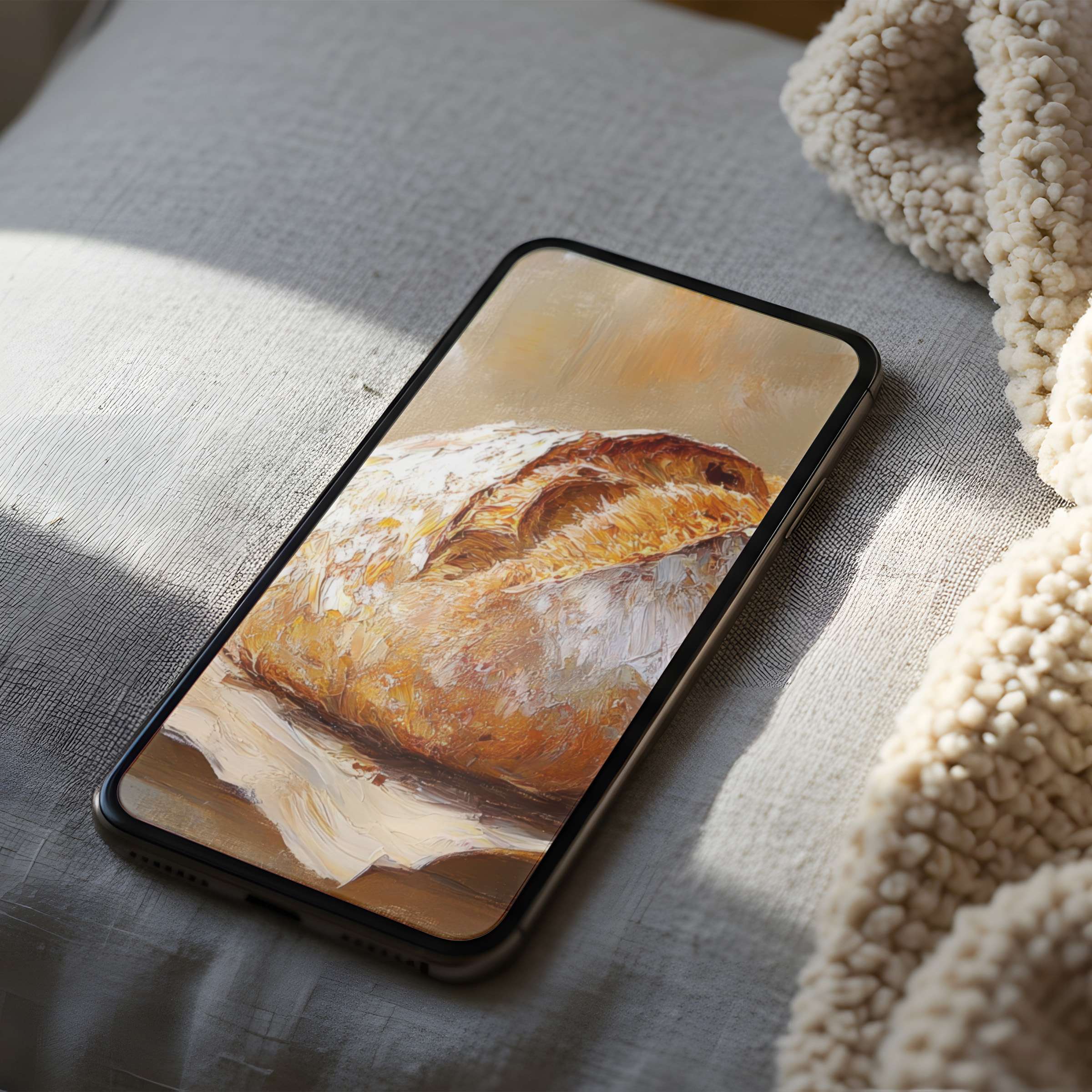 Elegant phone wallpaper featuring a high-resolution, serene painting of fresh bread, perfect for iPhone and Android, inspiring warmth
