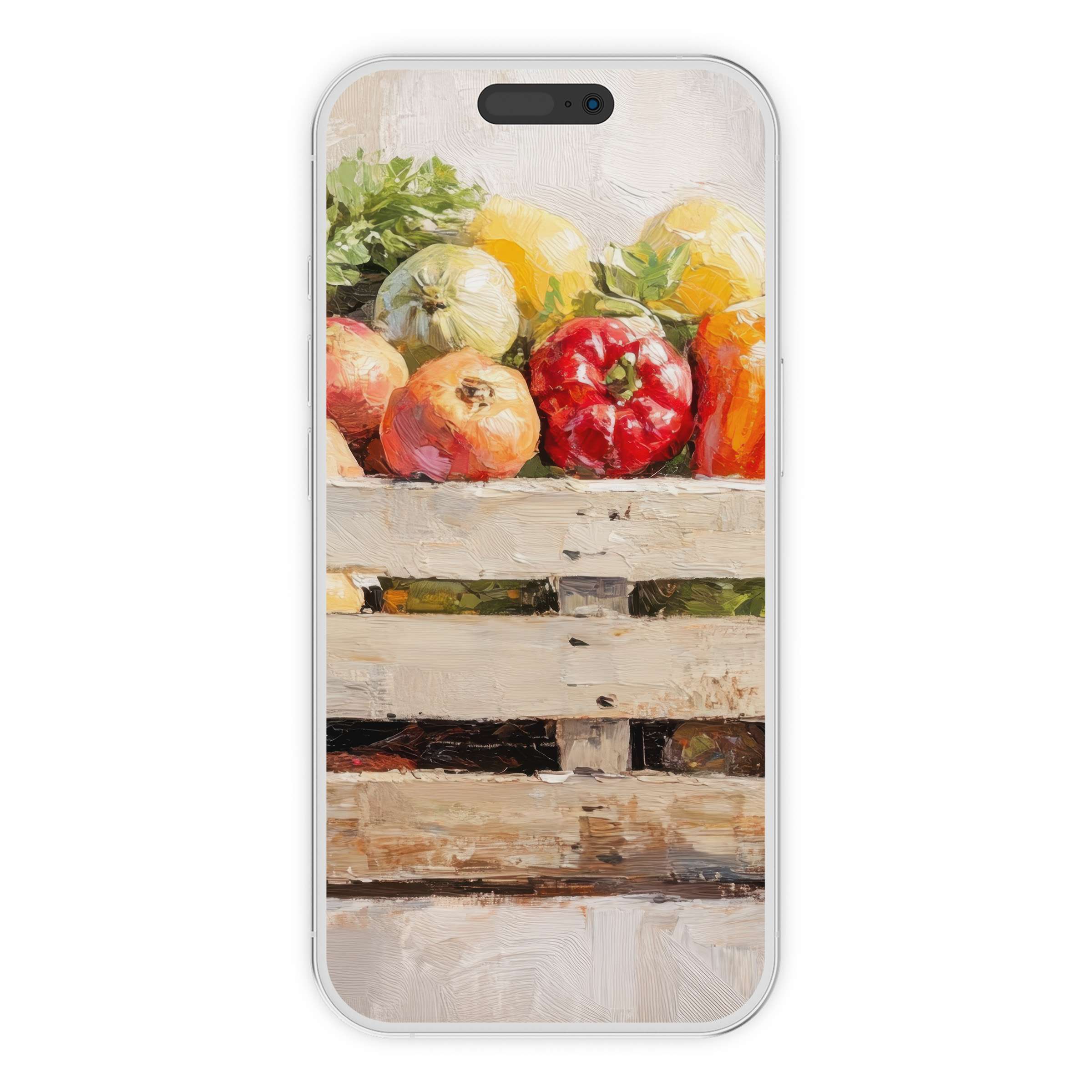 Farmhouse iPhone wallpaper with vibrant vegetables in a rustic crate painting offers a serene phone background digital download suitable for iPhone and Android