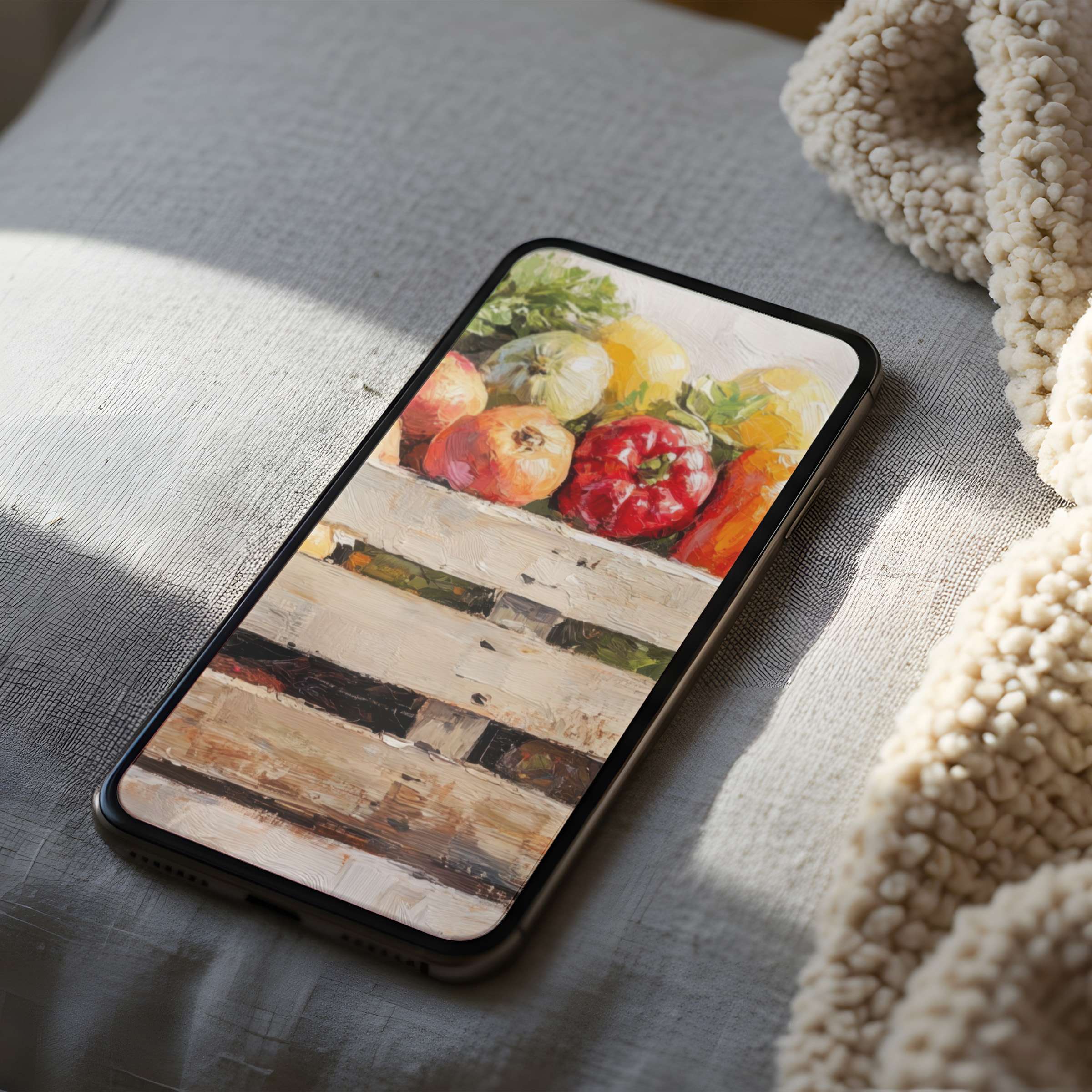 Elegant phone wallpaper featuring vibrant fruit in a rustic crate, perfect for iPhone and Android, available as a high-resolution digital download