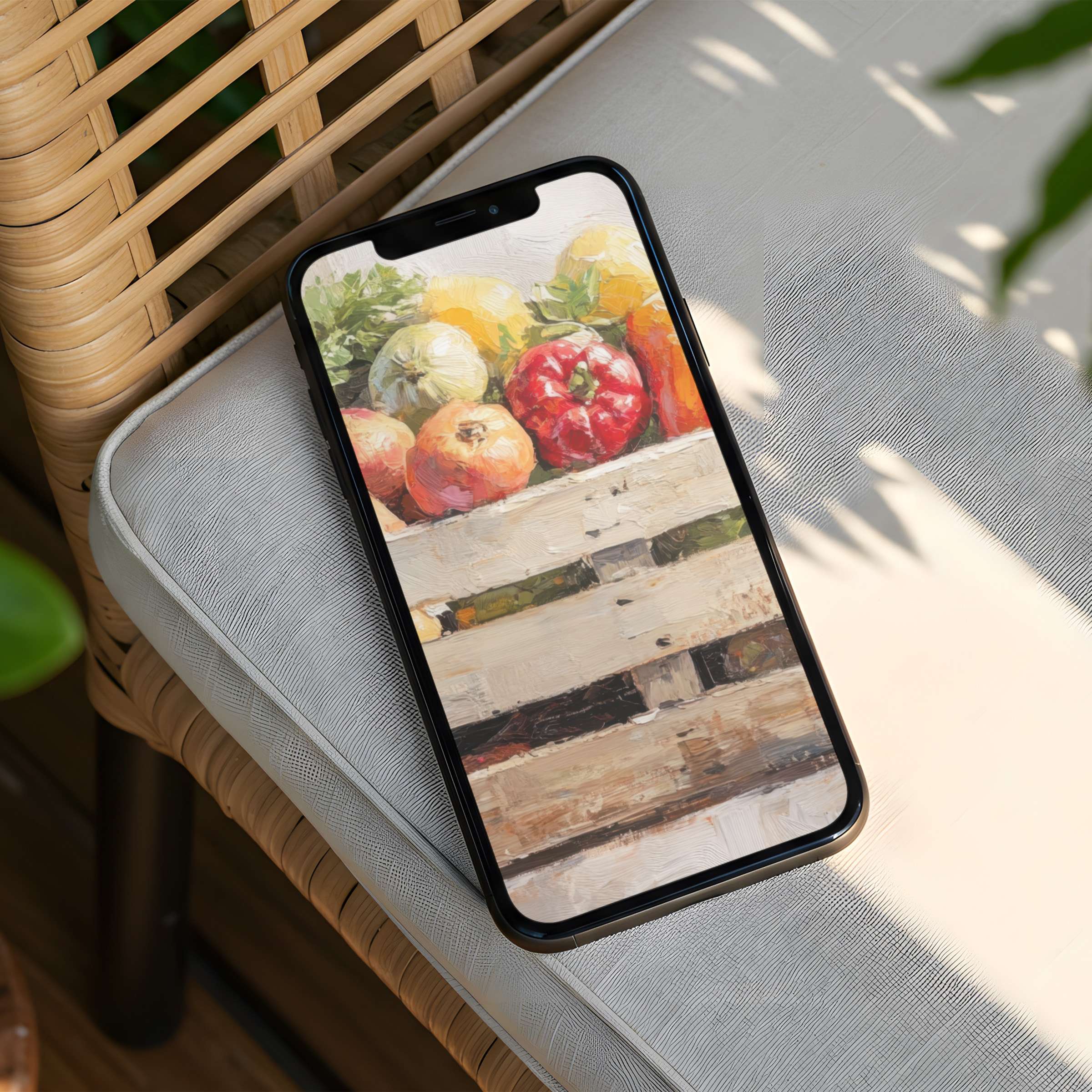 Elegant iPhone background with a painted crate of colorful fruits offers instant download for phone users seeking calm inspiration