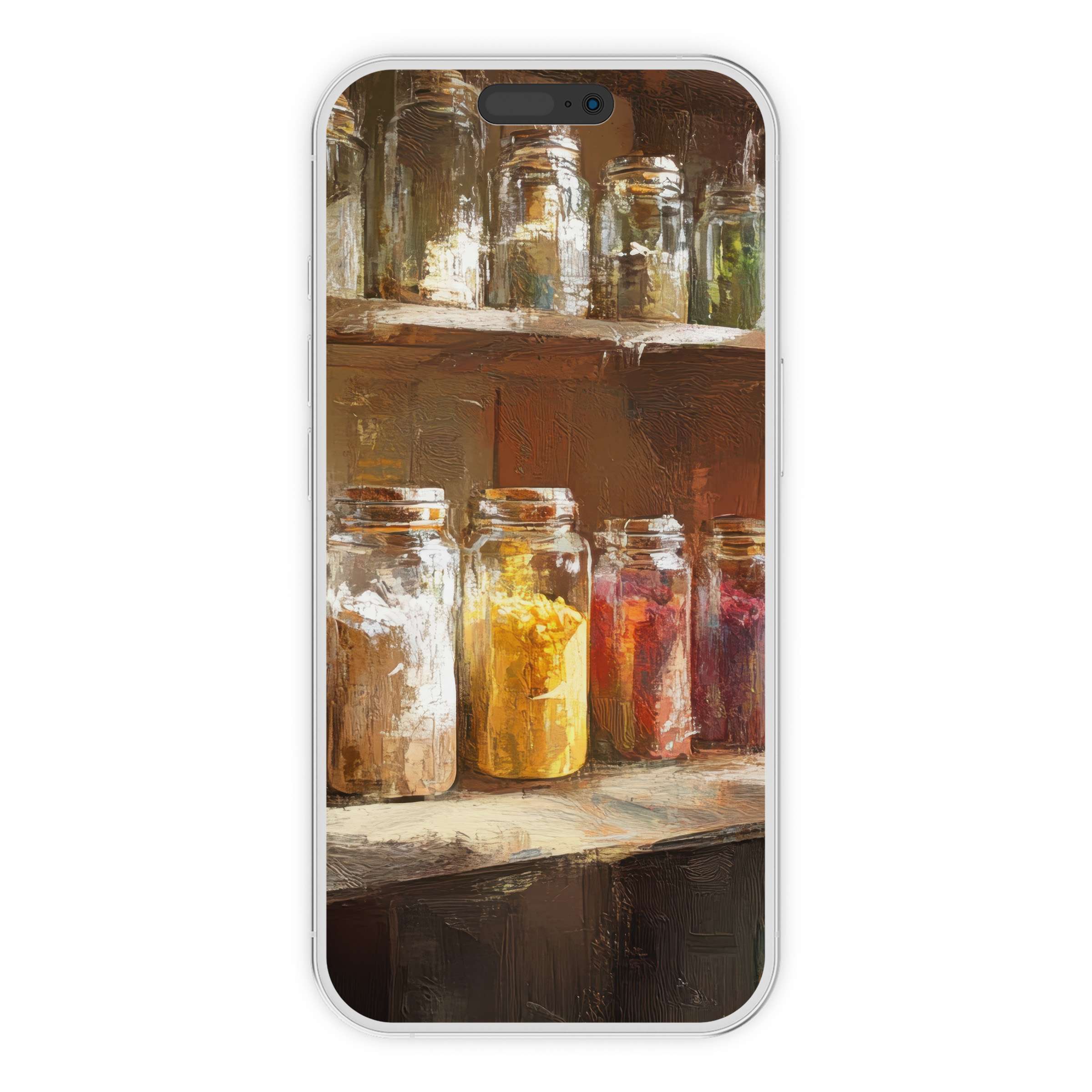 Farmhouse iPhone wallpaper featuring rustic jars in warm hues offers a serene phone background digital download for calming elegance