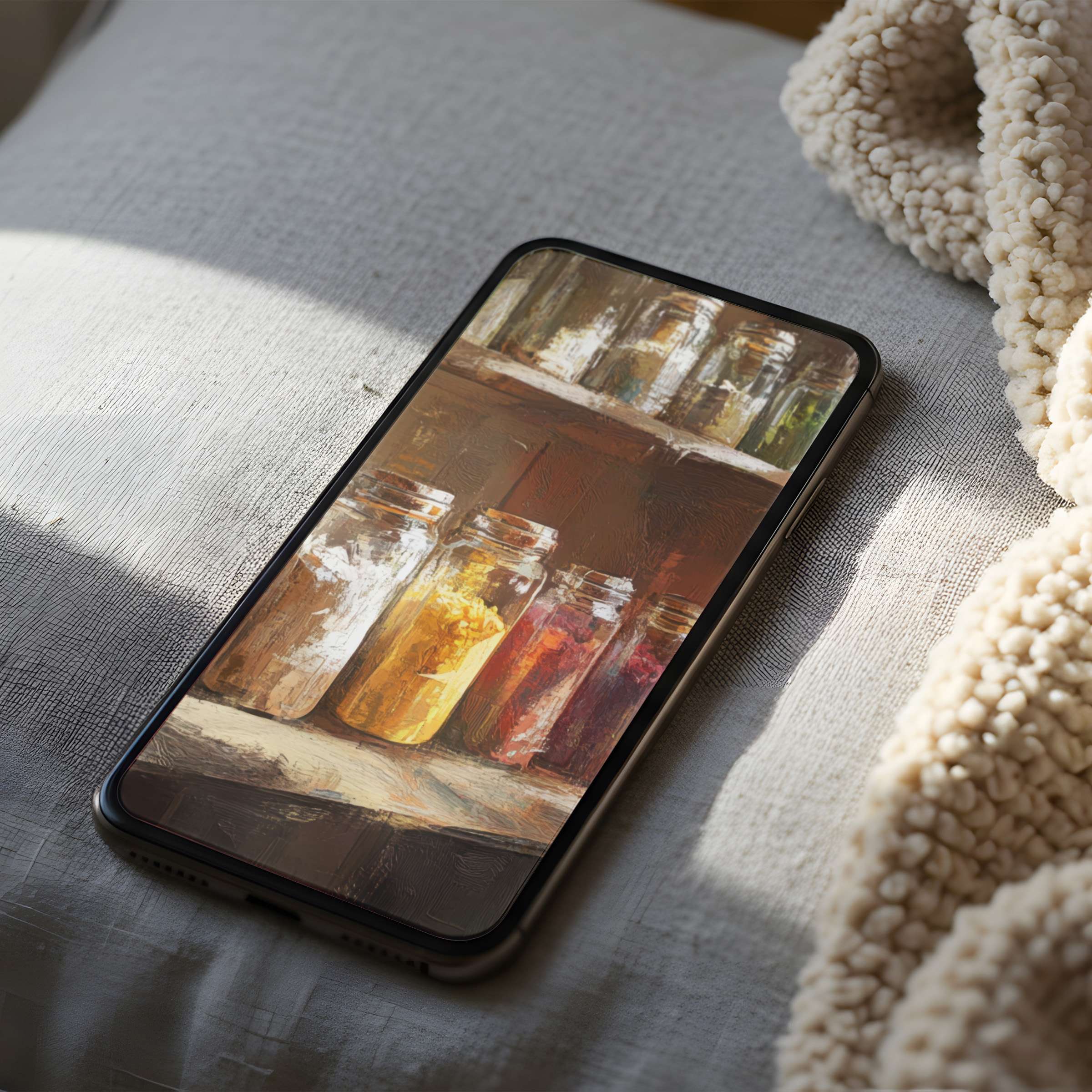 Curated phone wallpaper features elegant jars with vibrant spices, offering a calm, high-resolution digital download for all phones