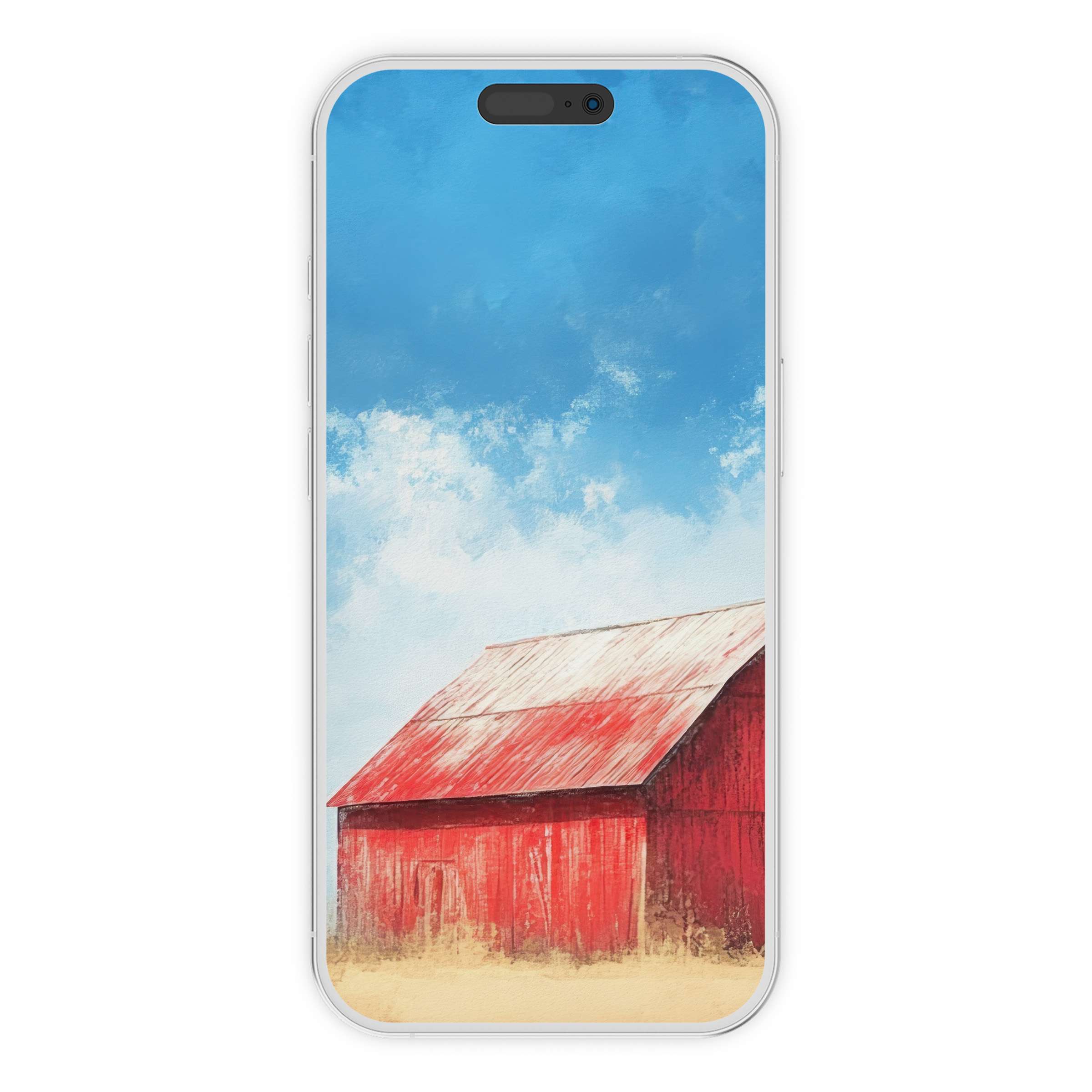 Farmhouse iPhone wallpaper digital download features a rustic red barn under a serene blue sky background ideal for phone screens