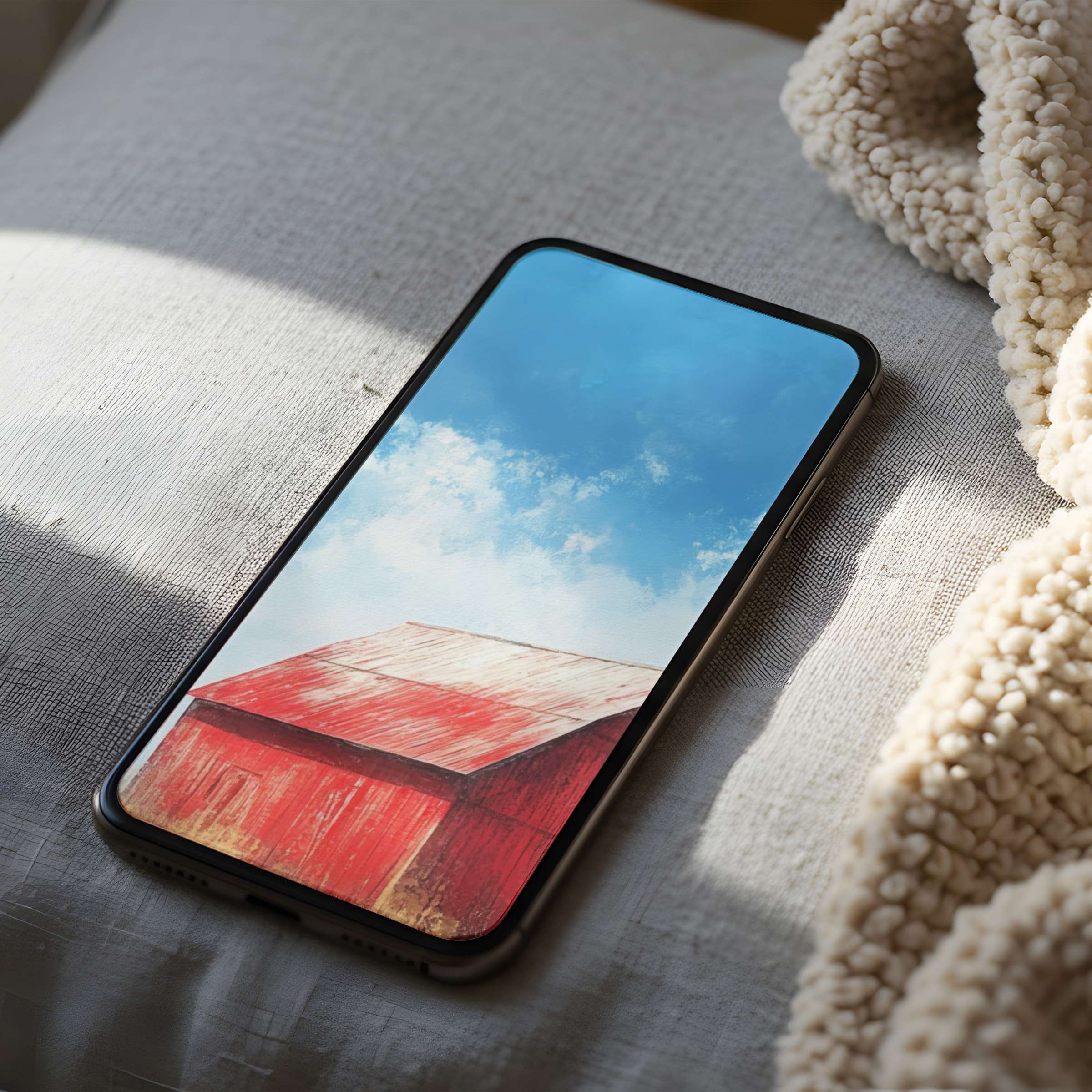 High resolution phone wallpaper featuring a serene blue sky and rustic red barn design offering peace and style for your digital download