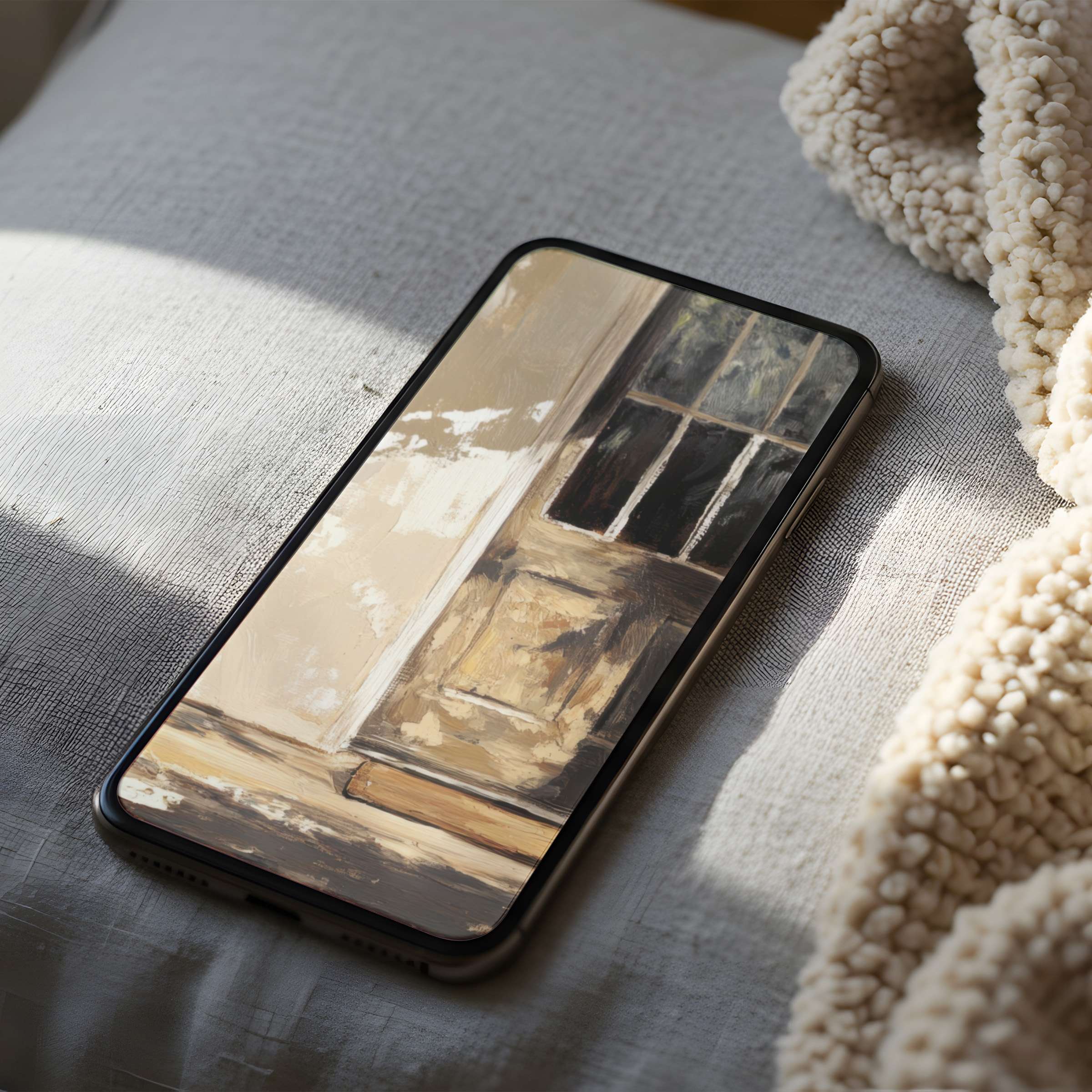 Elegant phone wallpaper featuring rustic door art in soft beige tones on high-resolution screen ideal for iPhone and Android devices