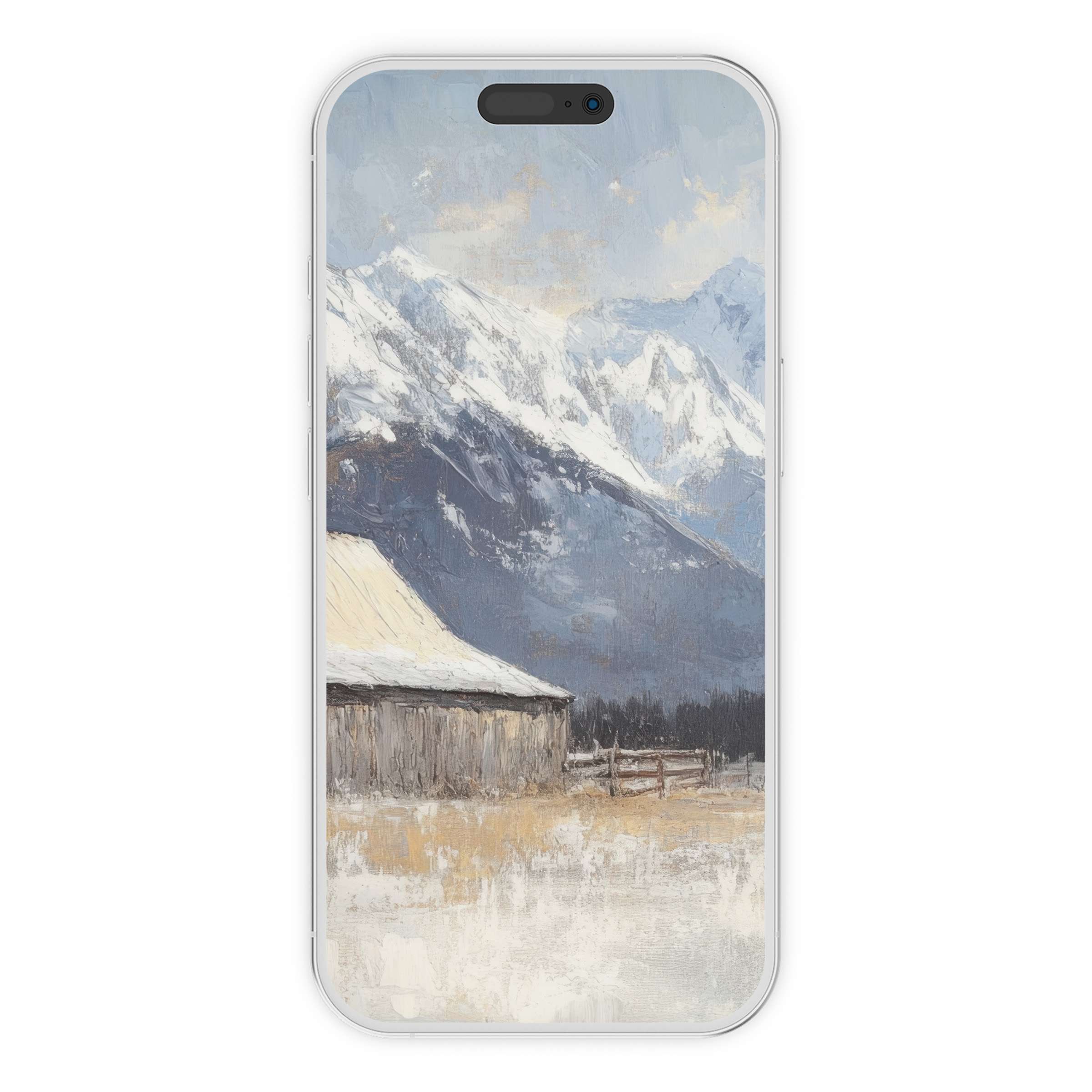 Farmhouse iPhone wallpaper with serene snowy mountains and rustic barn painted style for a calming digital download phone background