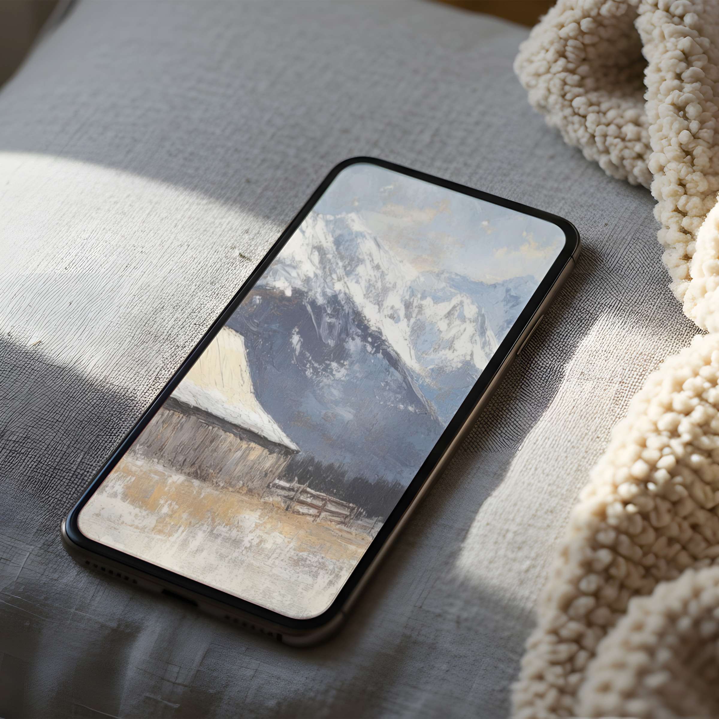 Elegant phone wallpaper featuring serene mountain art in cool tones perfect for iPhone or Android digital download creating calm vibes