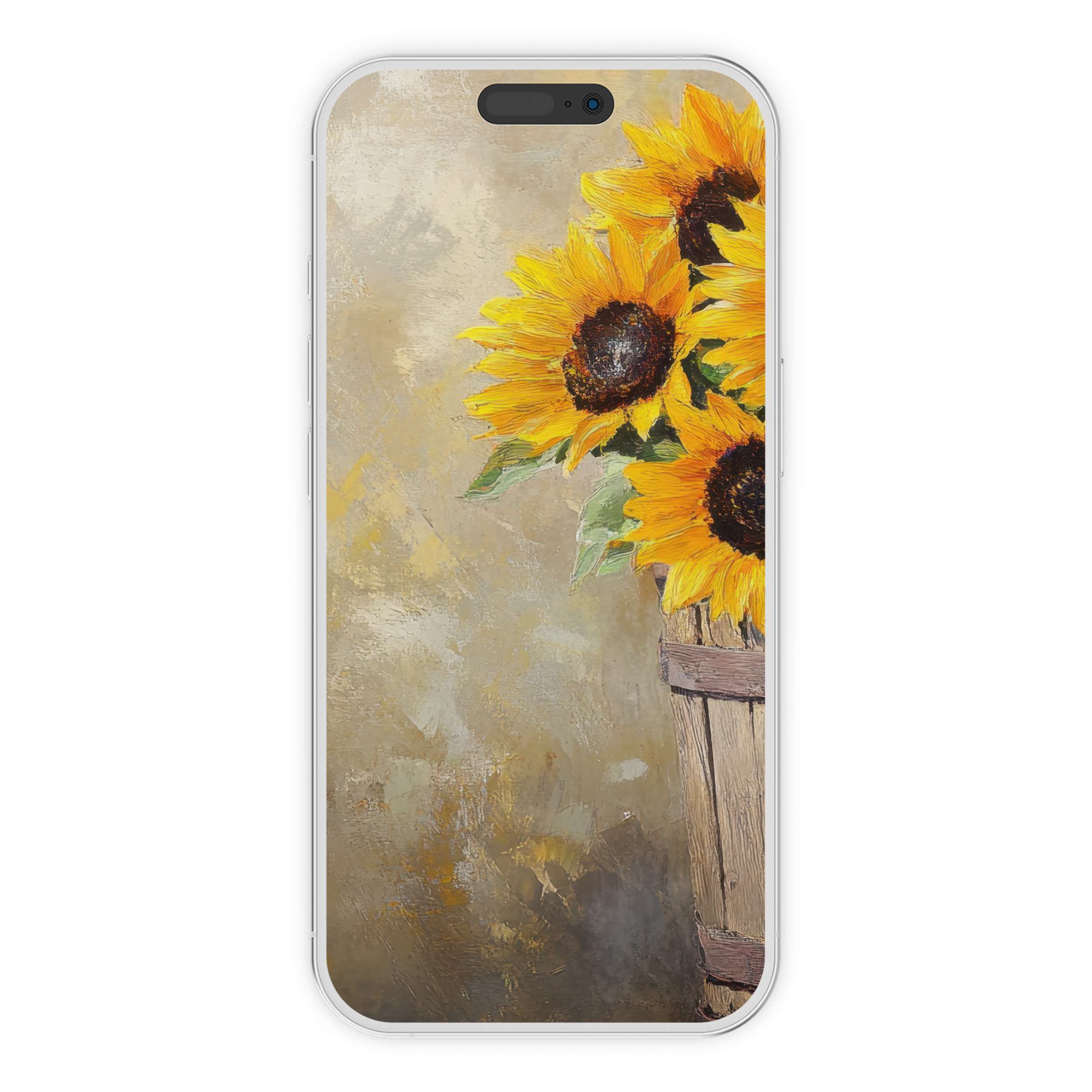 Farmhouse iPhone wallpaper featuring sunflowers in a rustic basket background, perfect digital download for serene phone aesthetics