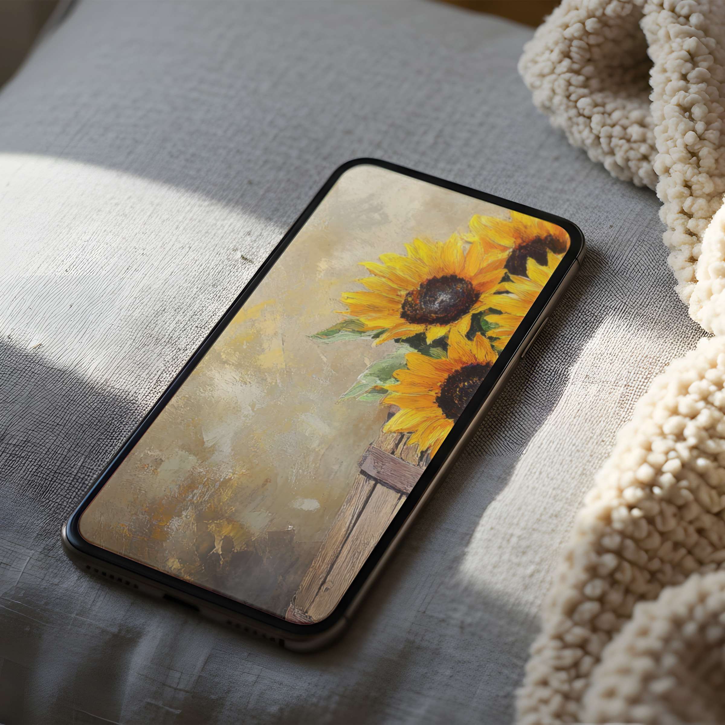 Elegant phone wallpaper featuring vibrant sunflowers on a rustic fence evoking warmth and serenity suitable for iPhone and android download