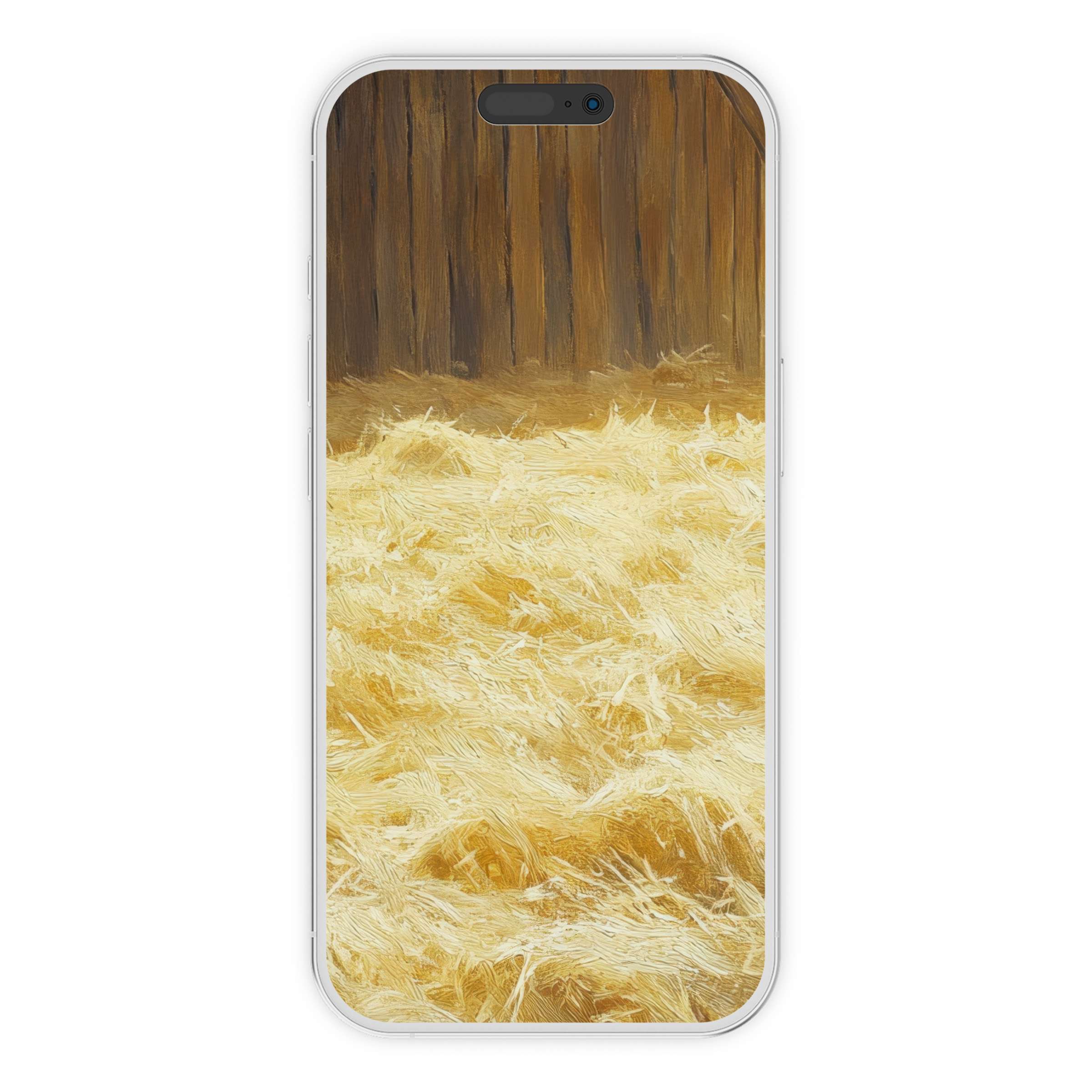 Elegant farmhouse iPhone wallpaper with rustic wooden textures and golden hay field, perfect digital download phone background for tranquility