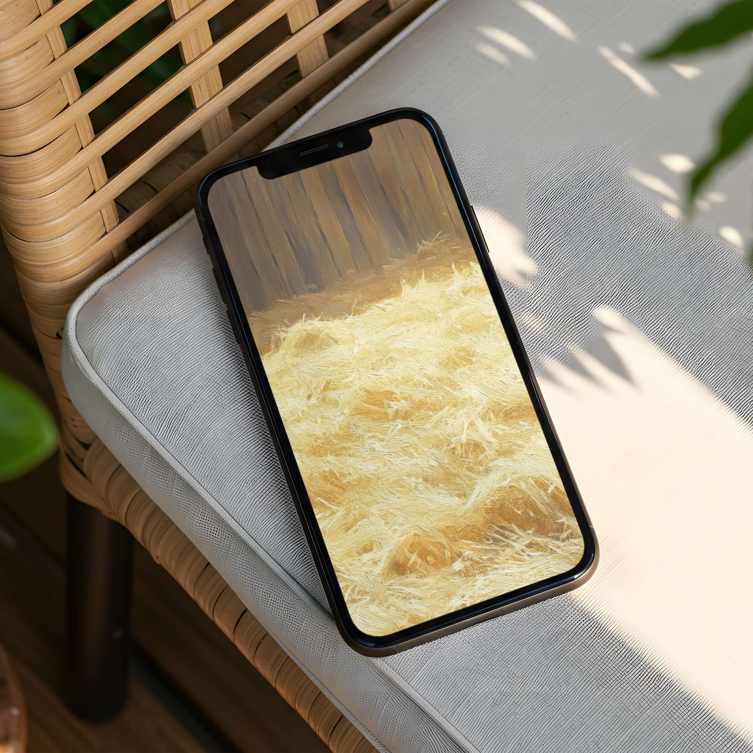 Elegant straw-themed iPhone background on cozy wicker chair offers calm aesthetics and mindfulness with instant download for any phone
