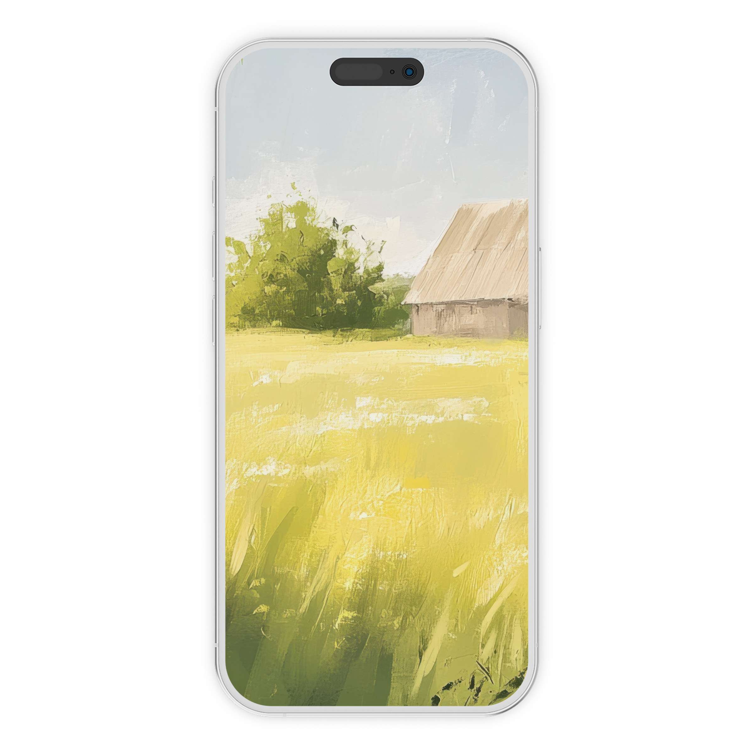 Farmhouse iPhone wallpaper featuring serene yellow fields and rustic barn enhances your phone background with a calming artistic digital download