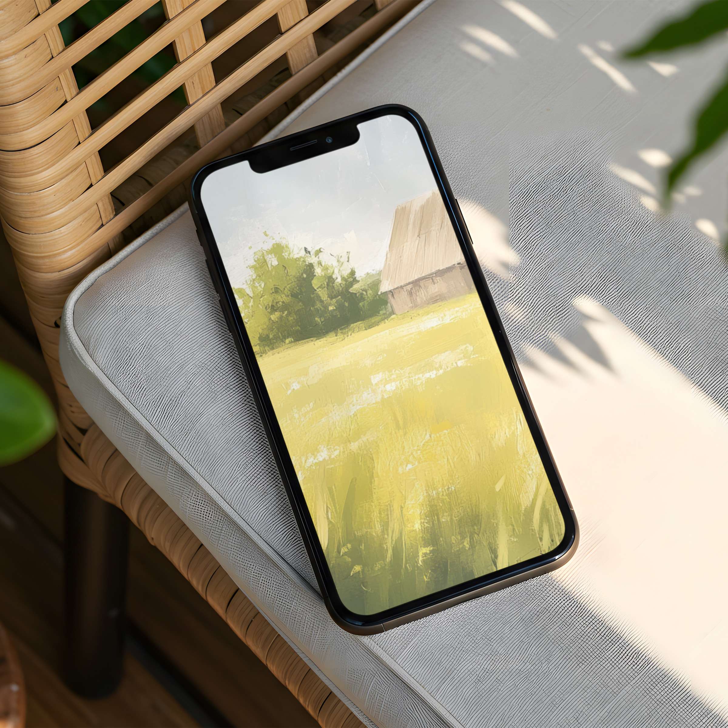 Calm and elegant iPhone background with sunny field painting for instant download fits all phone screens inspiring mindfulness
