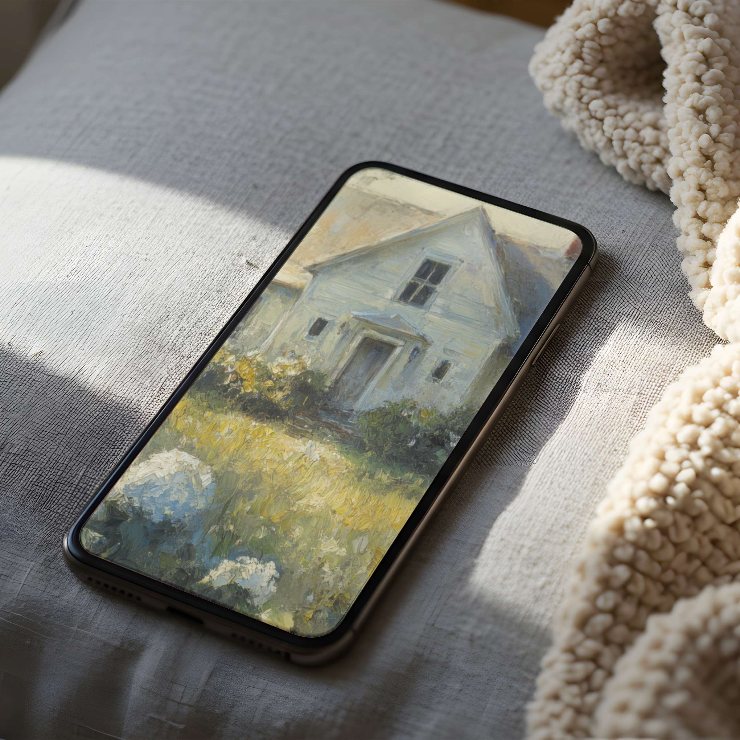 Elegant phone wallpaper featuring a serene cottage painting with soft pastels on an iPhone, offering calm digital download for all devices