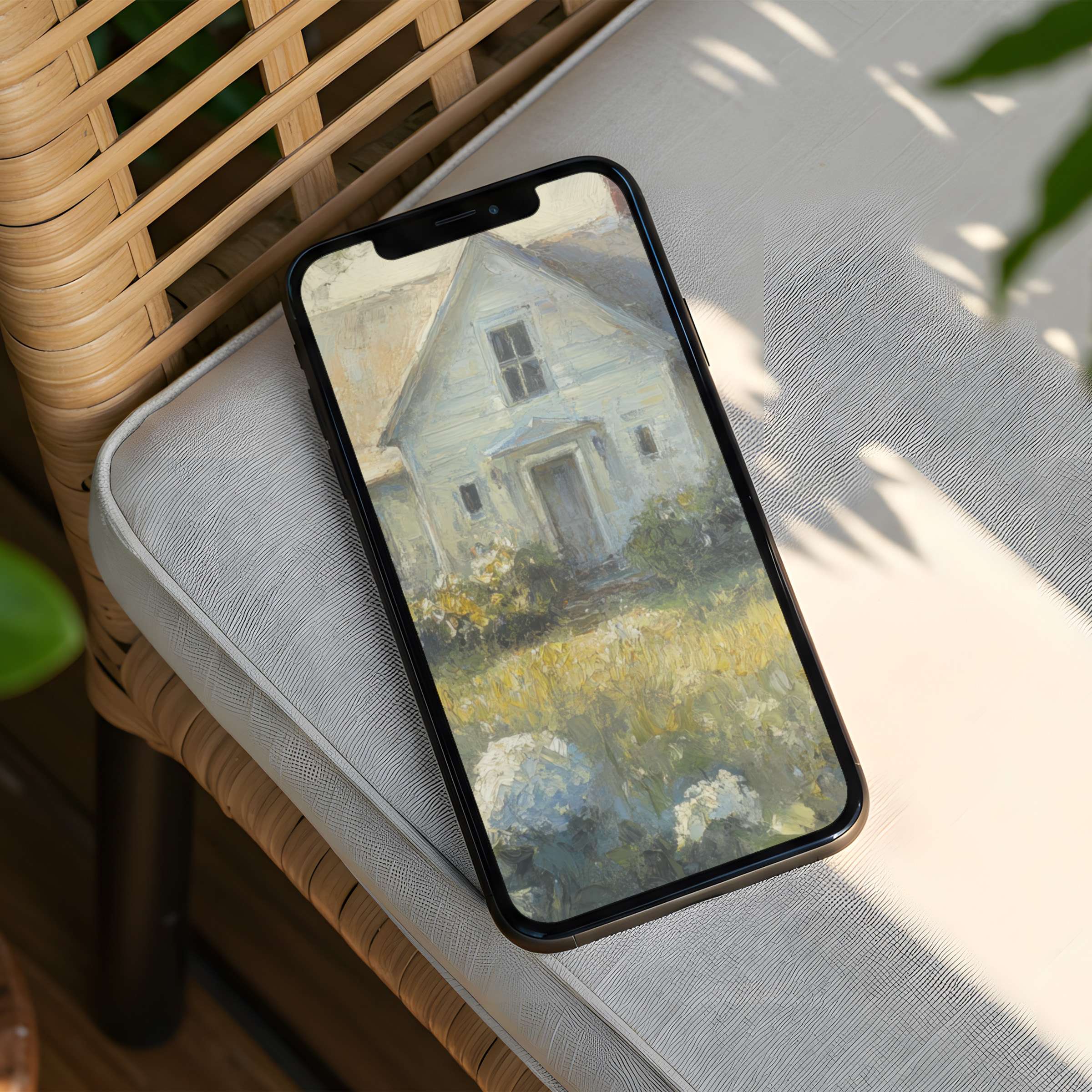 Serene iPhone background featuring a dreamy, rustic farmhouse in soft pastels captures elegance and calm, instant download for any phone