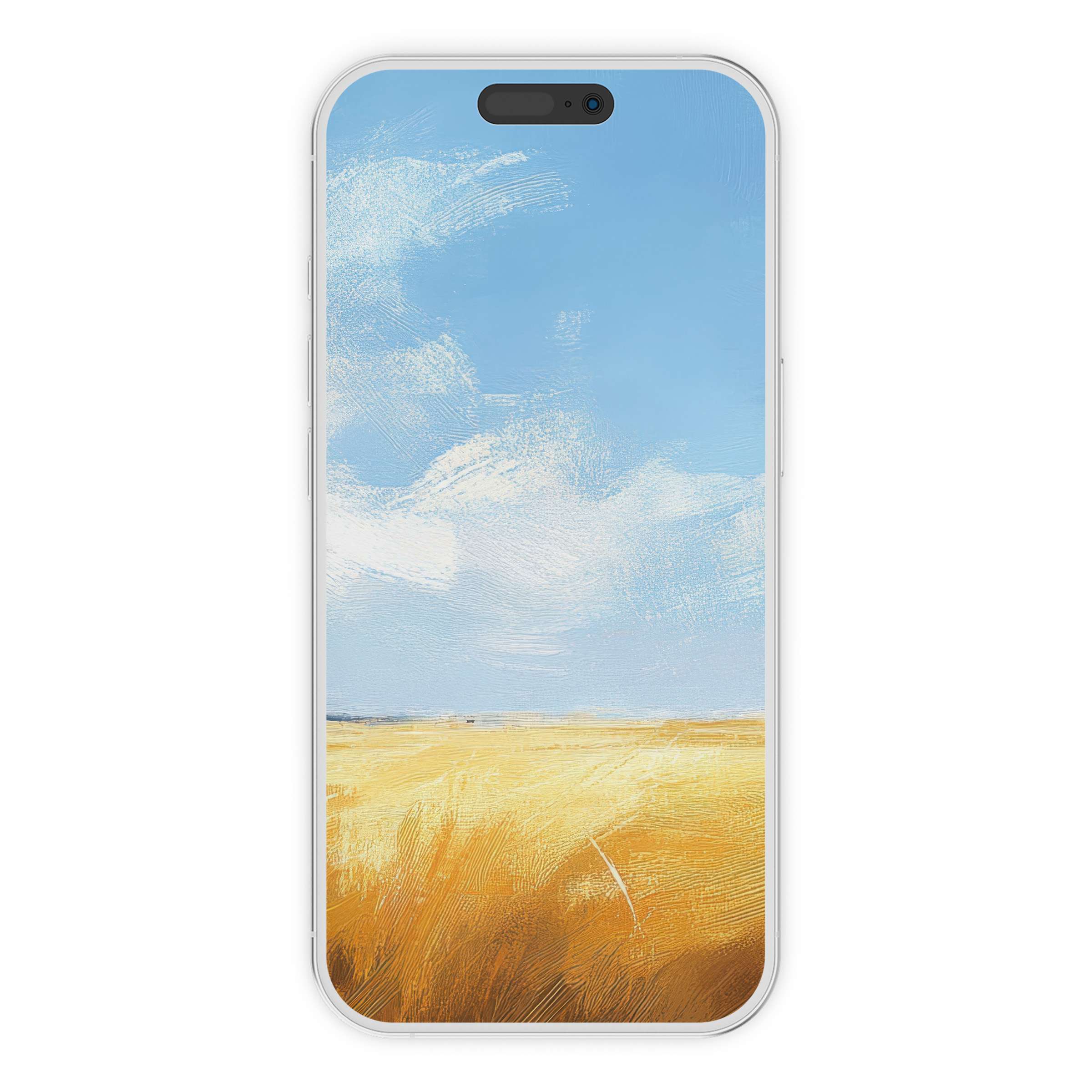Farmhouse iPhone wallpaper digital download featuring a serene wheat field and vivid sky phone background for a calming, rustic charm