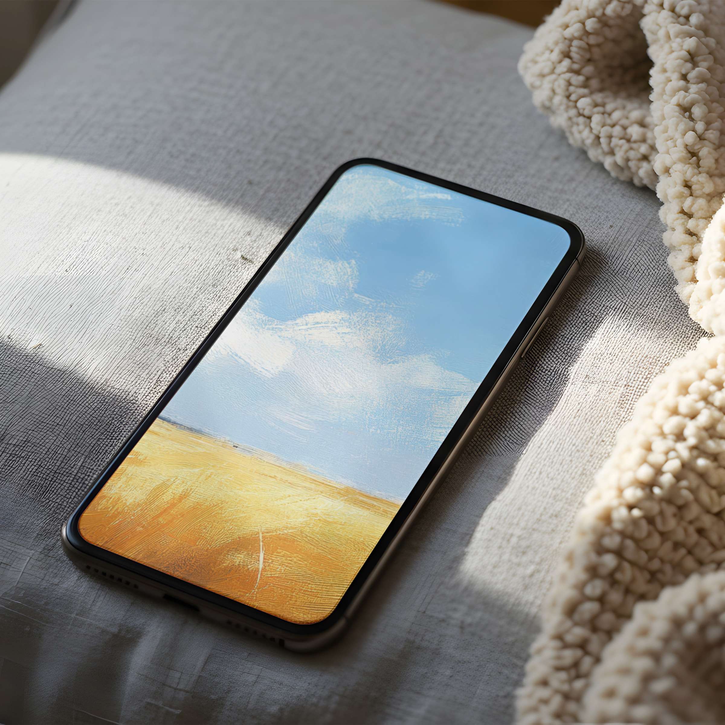 Elegant phone wallpaper featuring serene landscape art with blue skies and golden fields, perfect for iPhone and android digital download