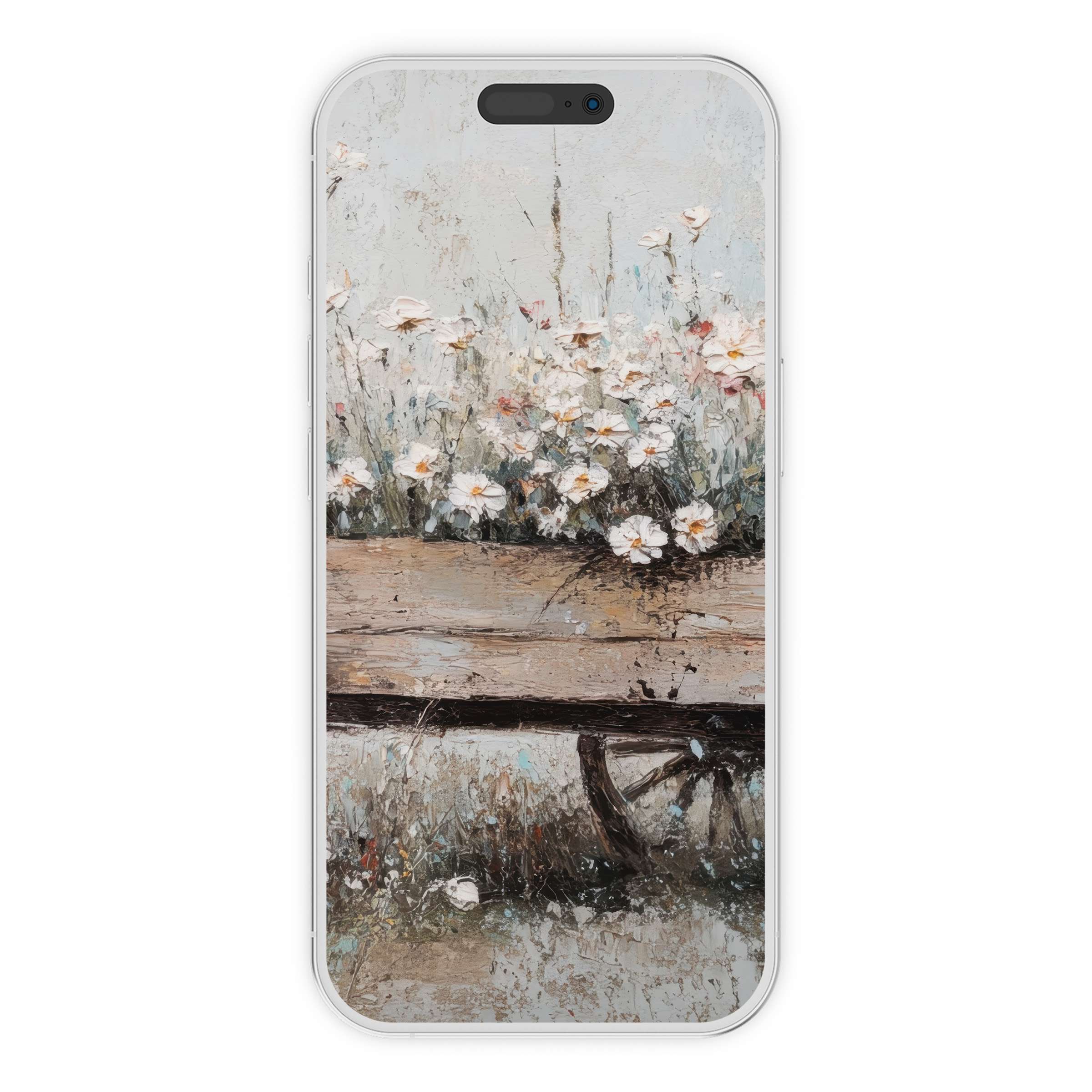 Farmhouse iPhone wallpaper featuring rustic wagon with daisies offers a serene digital download background for phone elegance sustainability