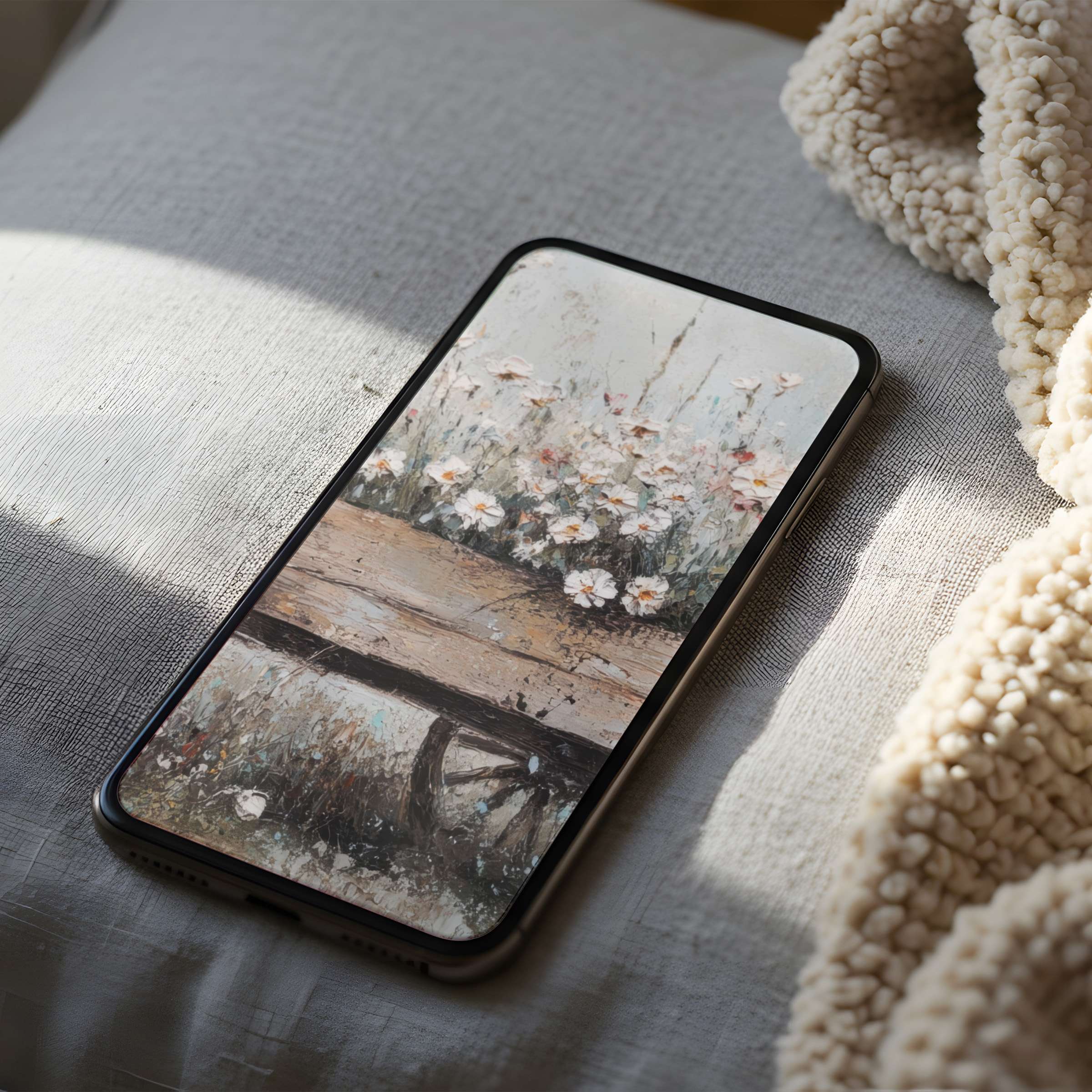 Serene floral phone wallpaper featuring soft pastels on rustic wood, perfect for creating calm on iPhone or Android devices, high resolution