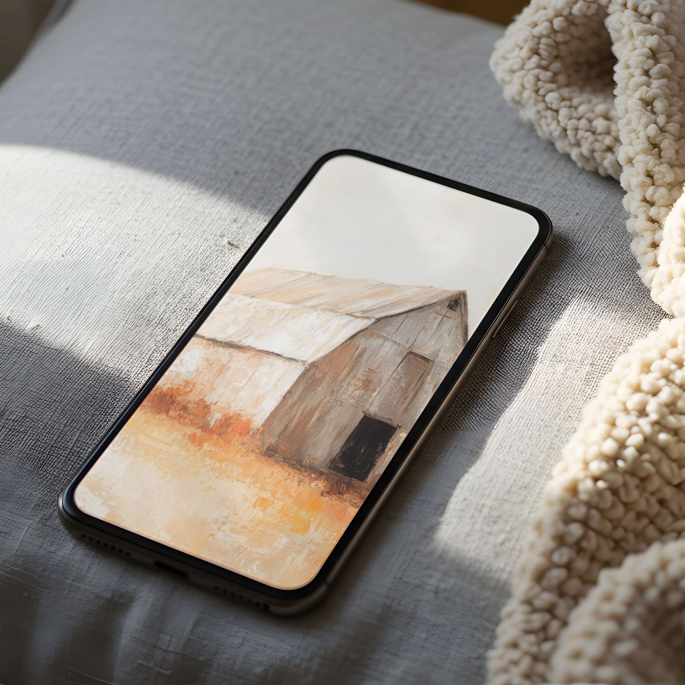 Warm rustic barn phone wallpaper evokes serenity, perfect for iPhone or android high-resolution screens, promoting calm and elegance