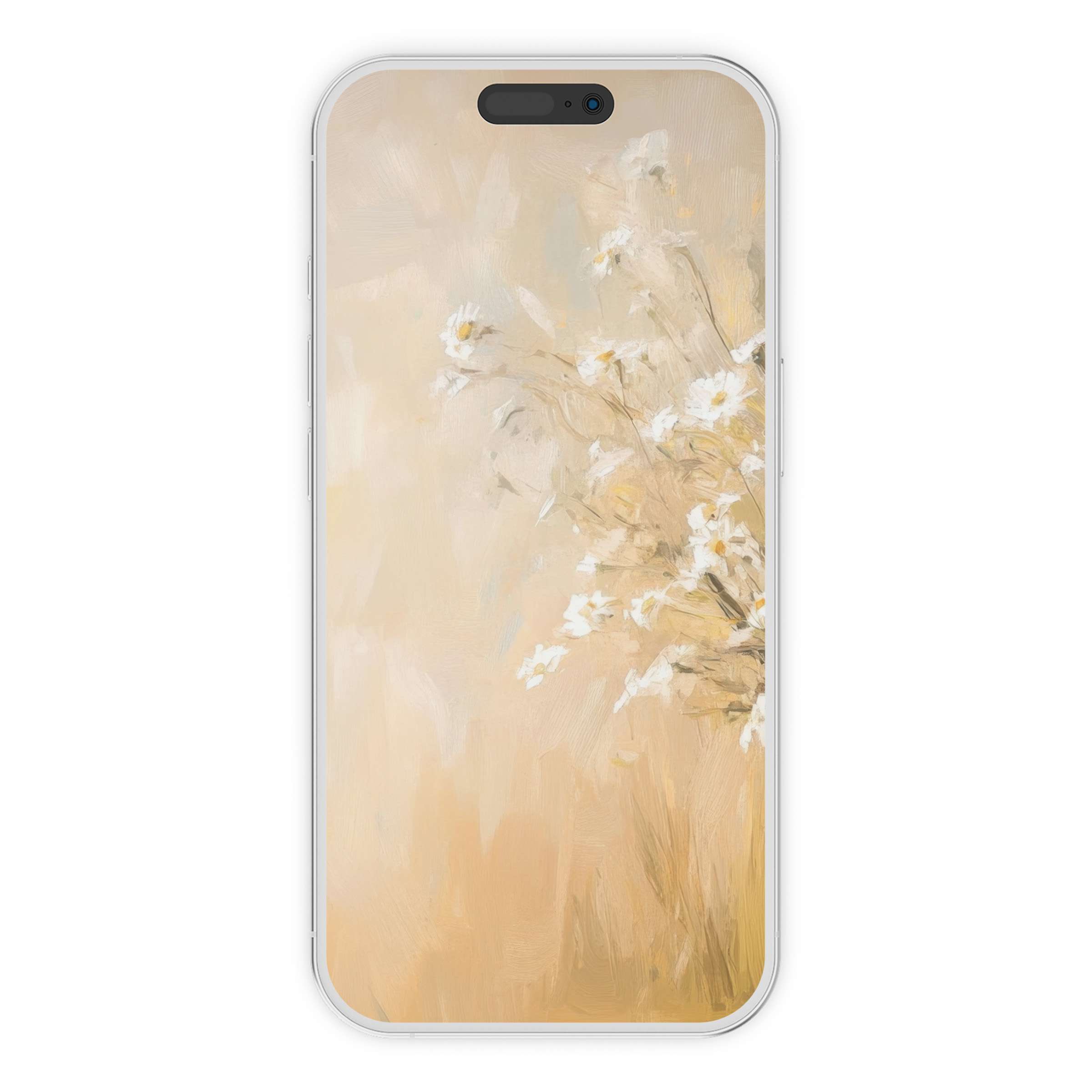 Farmhouse iPhone wallpaper featuring elegant white daisies on a soft beige background digital download for phone, evokes tranquility
