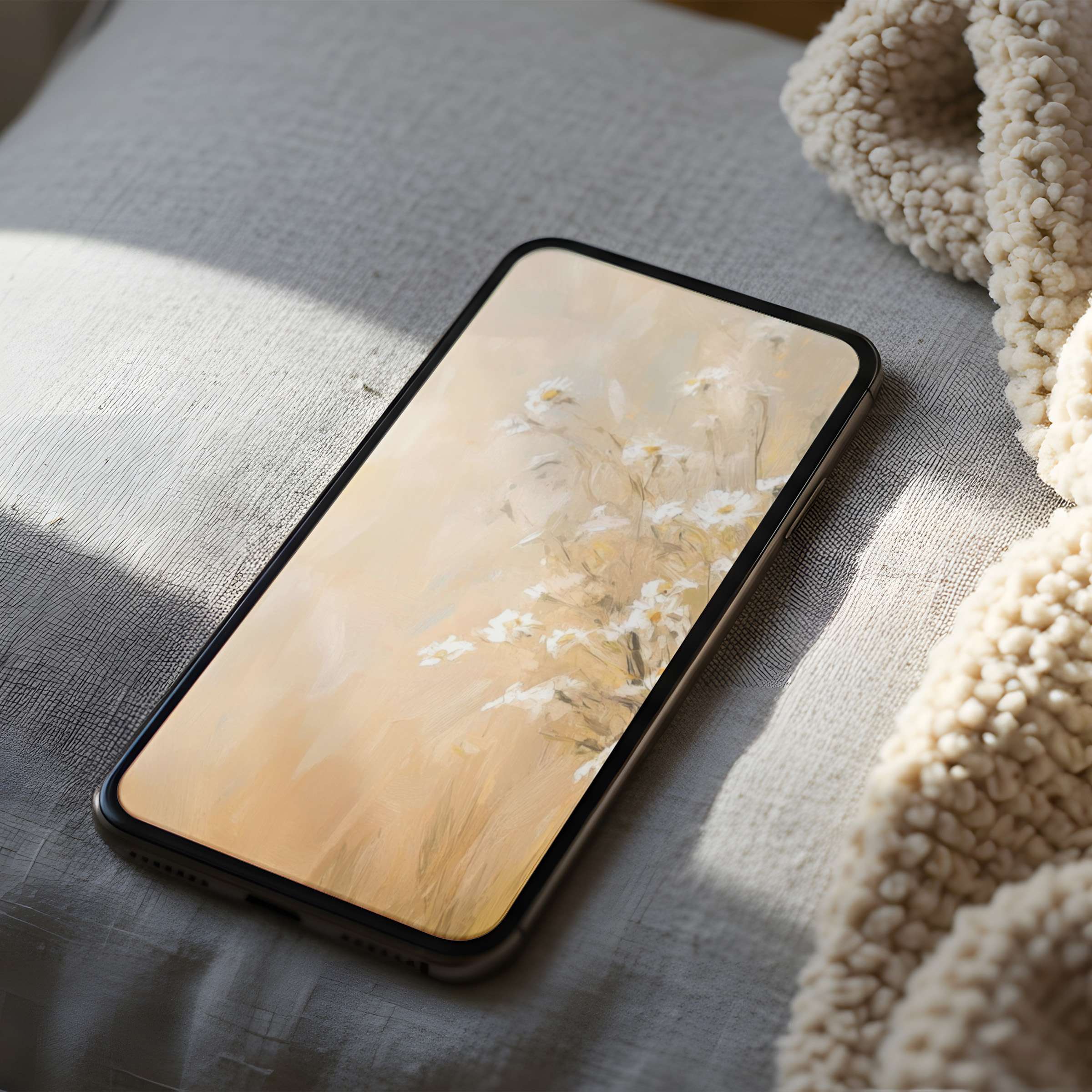 Elegant phone wallpaper featuring serene floral art in soft tones set in a cozy interior a perfect high-resolution digital download