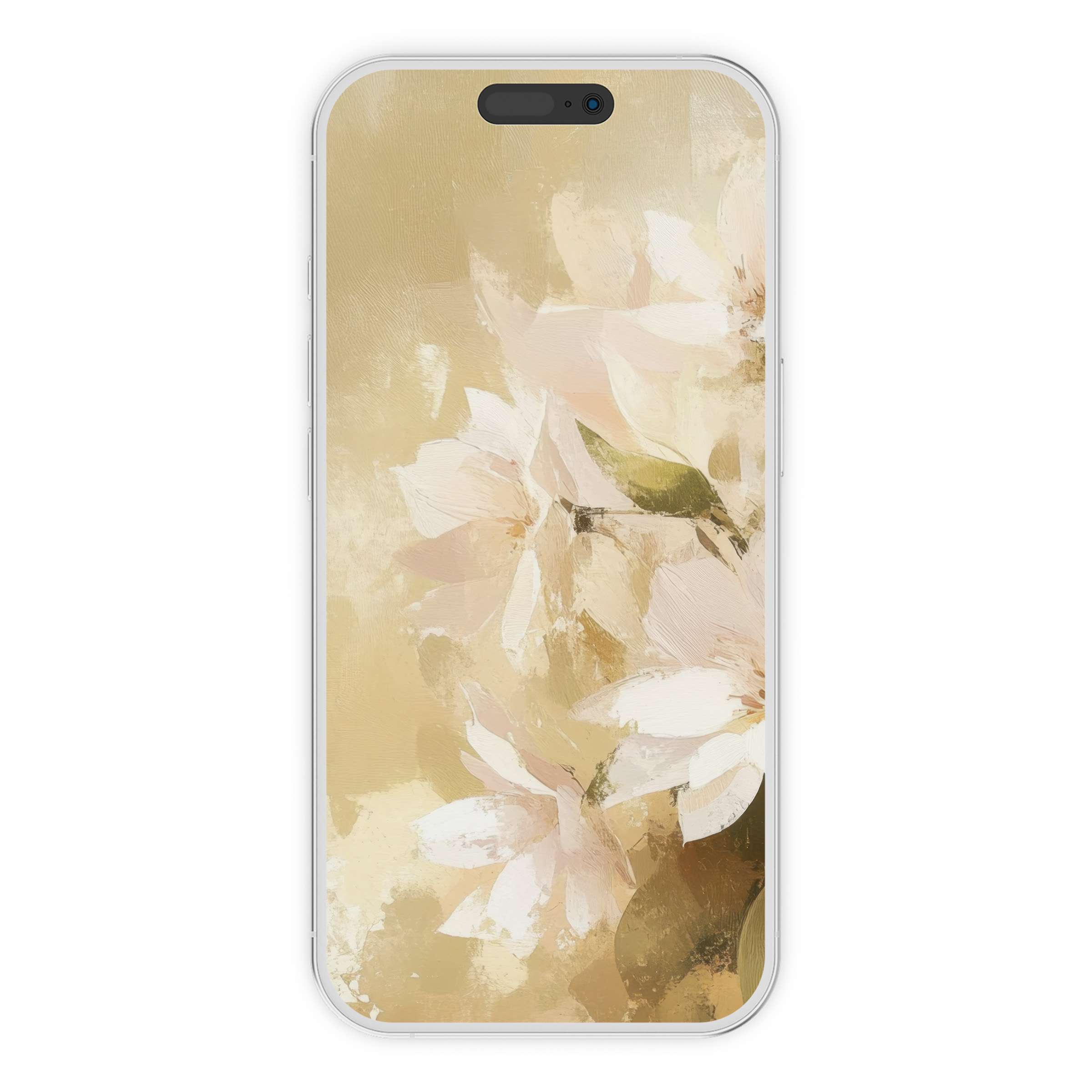Elegant farmhouse iPhone wallpaper with soft floral brushstrokes, soothing beige tones, perfect digital download phone background for tranquility