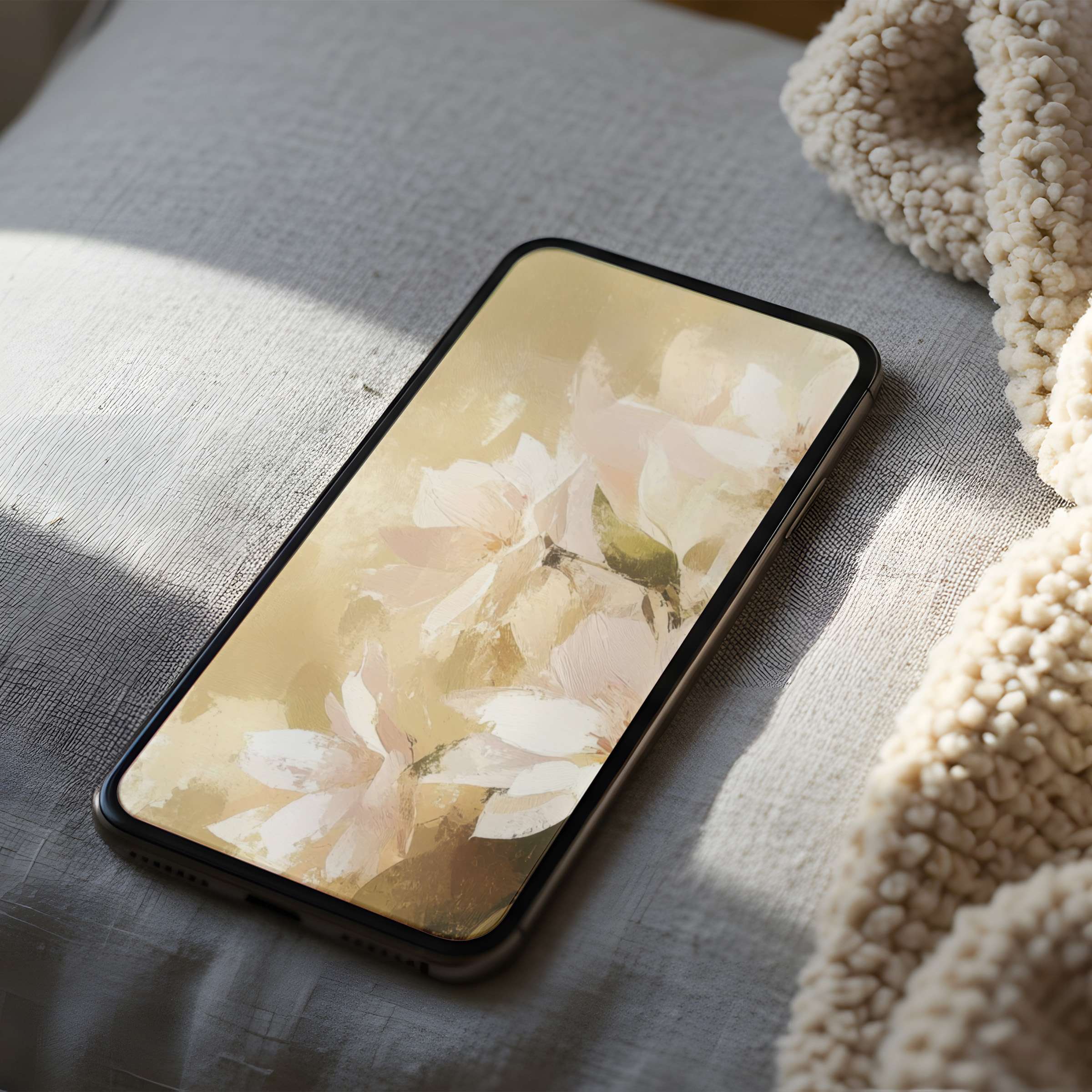 Elegant floral phone wallpaper in soft beige and pastel tones on cozy fabric background suitable for iPhone and Android devices